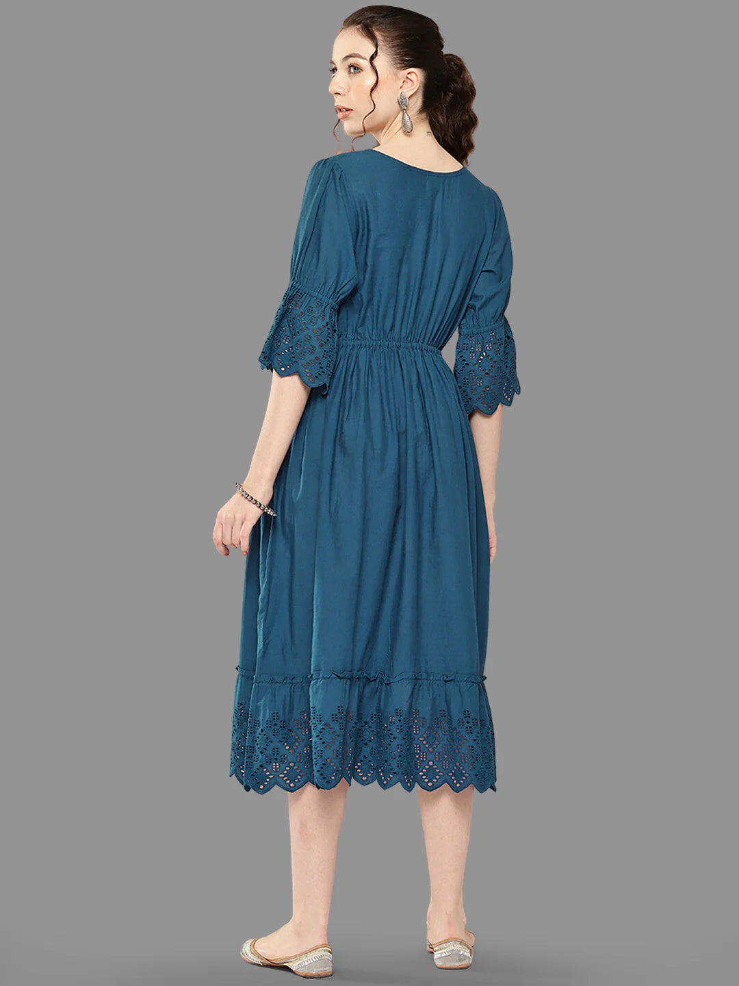 Teal Cotton Schiffli Flared Dress