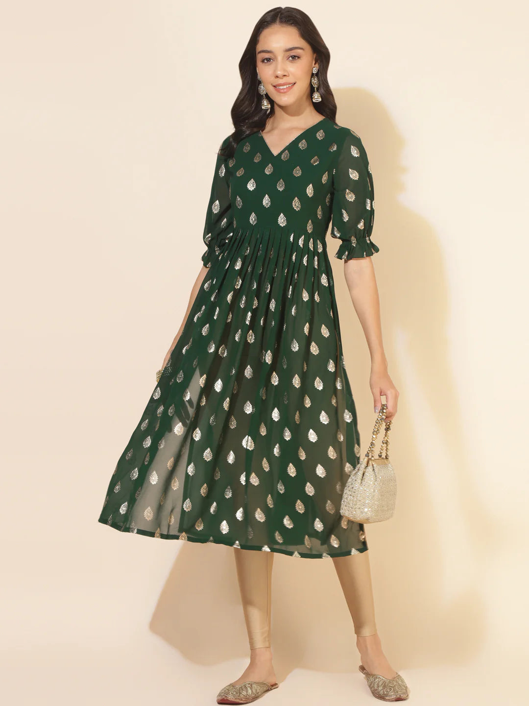 Bottle Green Georgette Foil Printed Gathered Kurta Silae