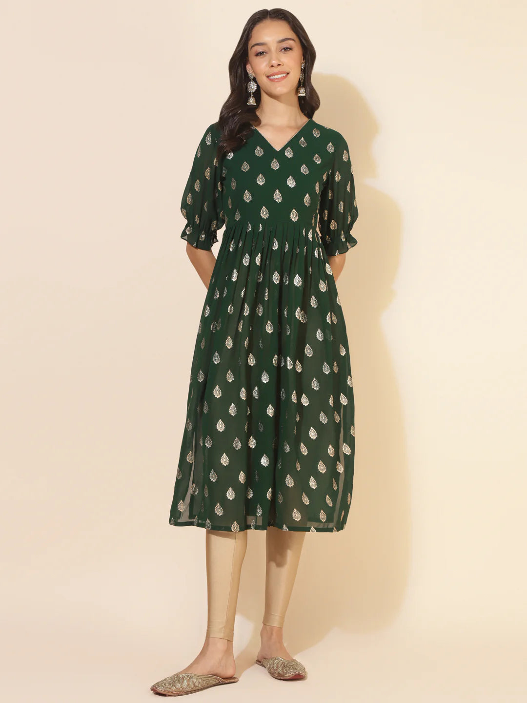 Bottle Green Georgette Foil Printed Gathered Kurta Silae