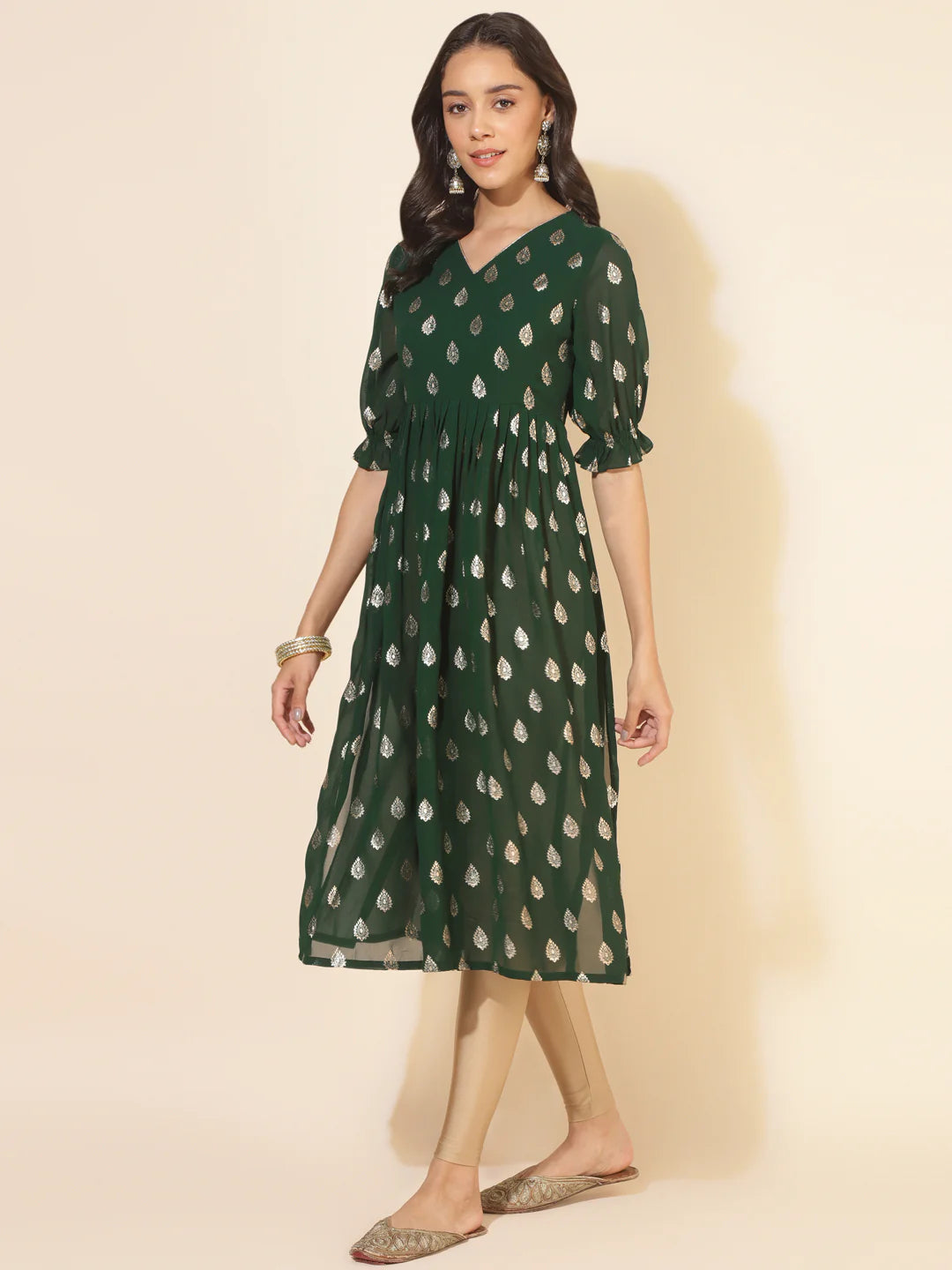 Bottle Green Georgette Foil Printed Gathered Kurta Silae