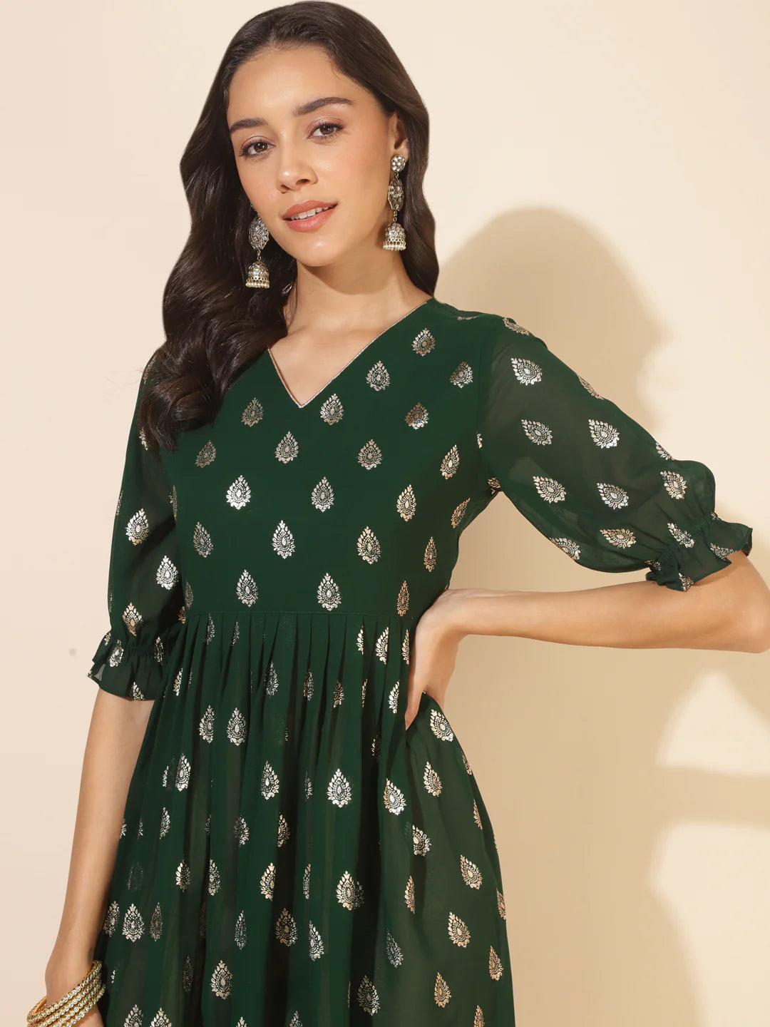 Bottle Green Georgette Foil Printed Gathered Kurta Silae