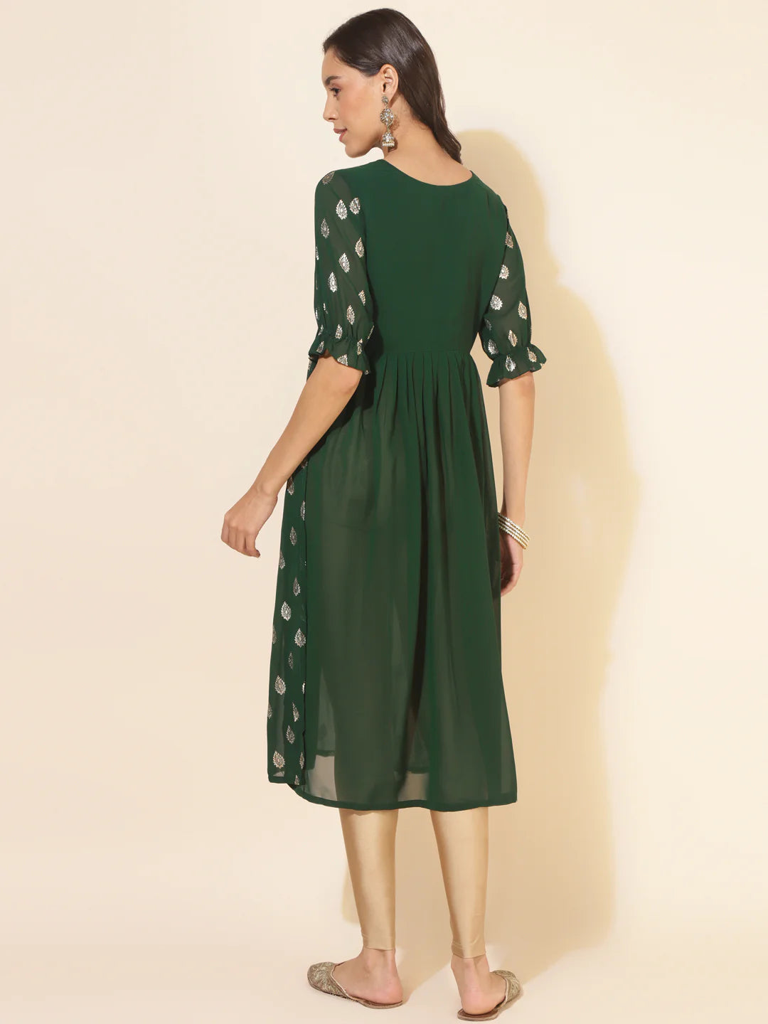 Bottle Green Georgette Foil Printed Gathered Kurta Silae