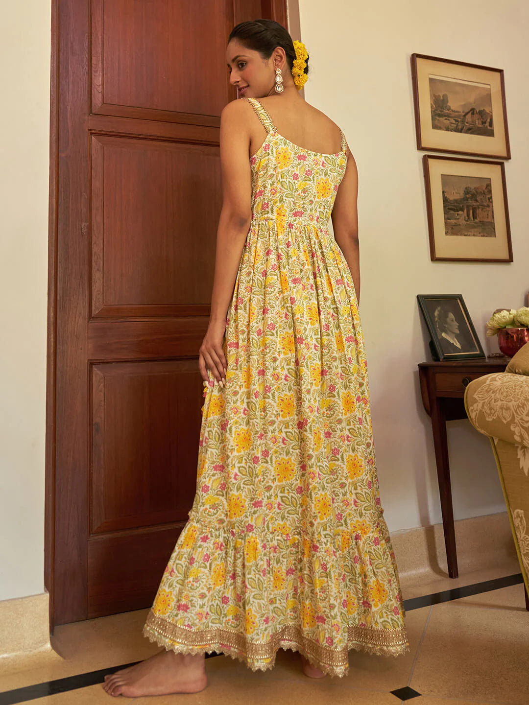 Multicolor Cotton Floral Printed Ruffled Maxi Dress Silae