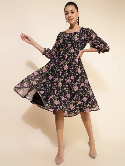 Black Georgette Floral Printed Flared Dress