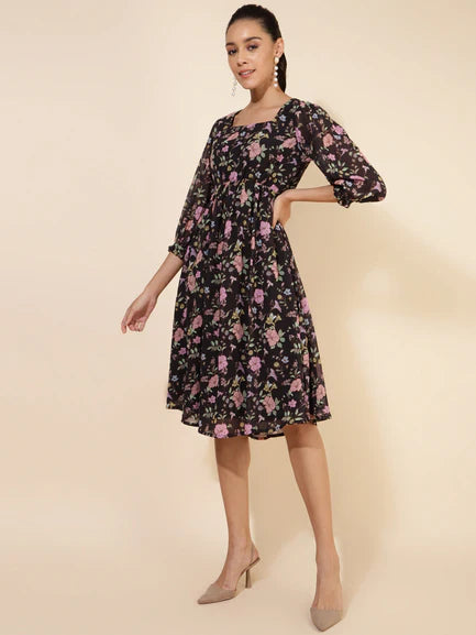 Black Georgette Floral Printed Flared Dress