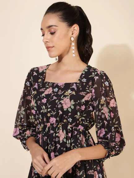 Black Georgette Floral Printed Flared Dress