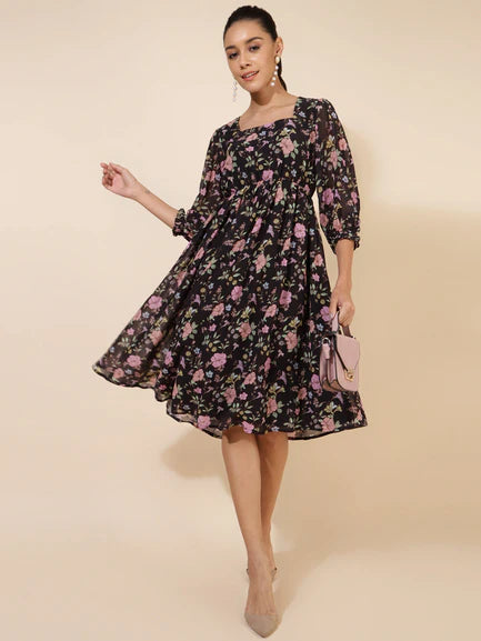 Black Georgette Floral Printed Flared Dress