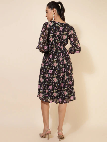 Black Georgette Floral Printed Flared Dress
