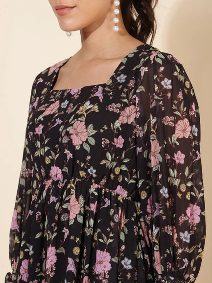 Black Georgette Floral Printed Flared Dress