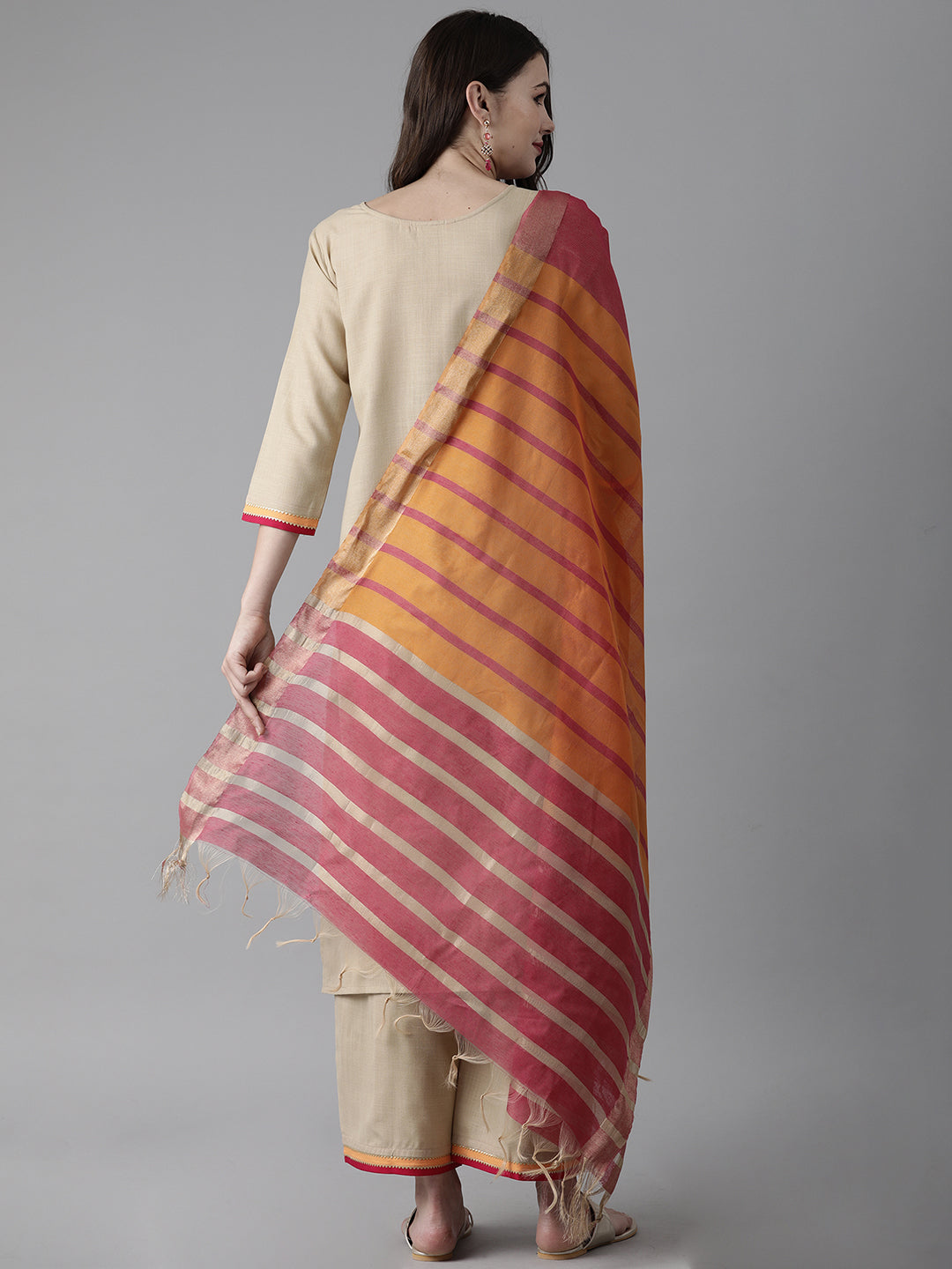 Indo Era Beige Solid Straight Kurta Palazzo With Dupatta Set