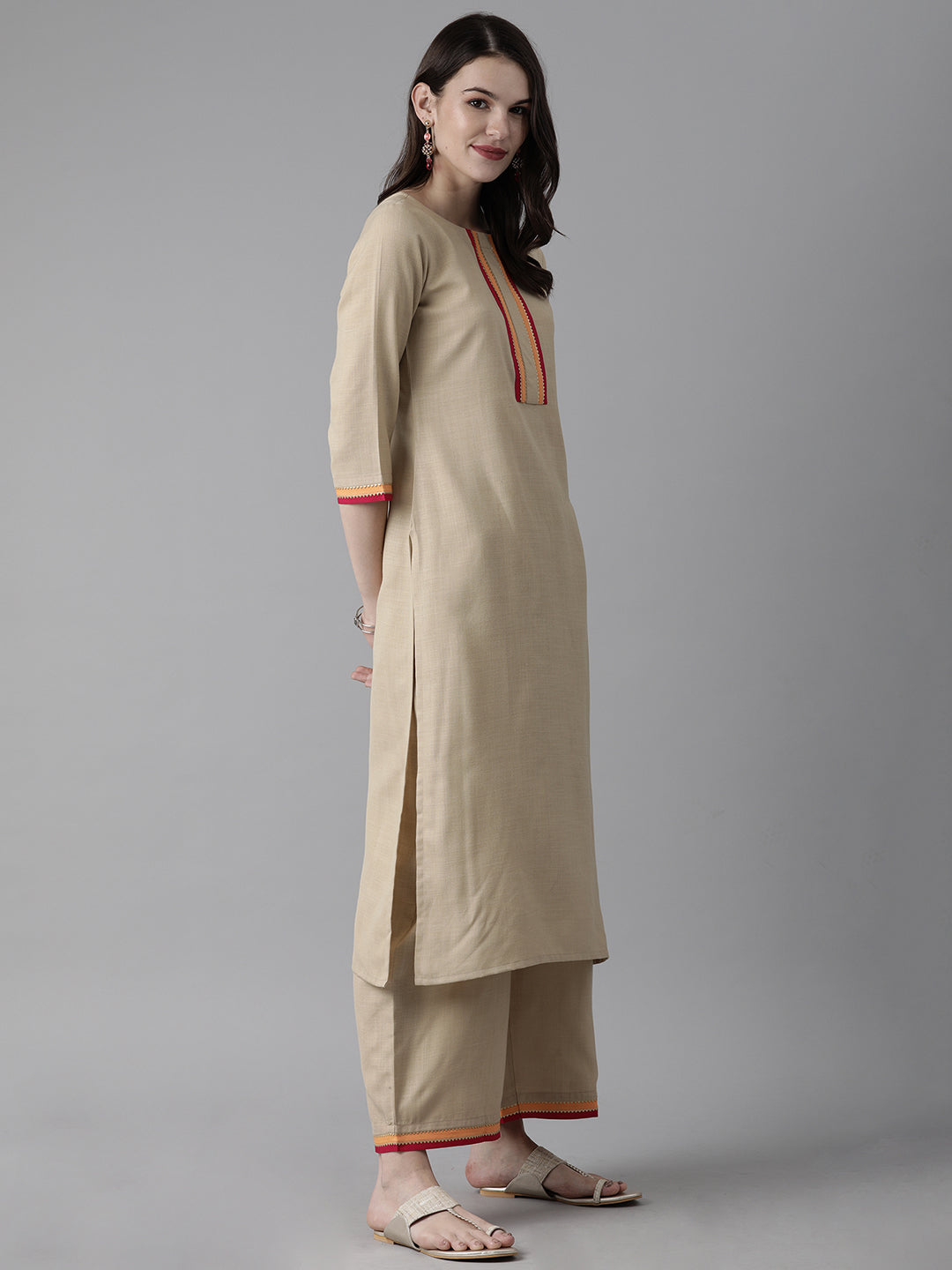 Indo Era Beige Solid Straight Kurta Palazzo With Dupatta Set
