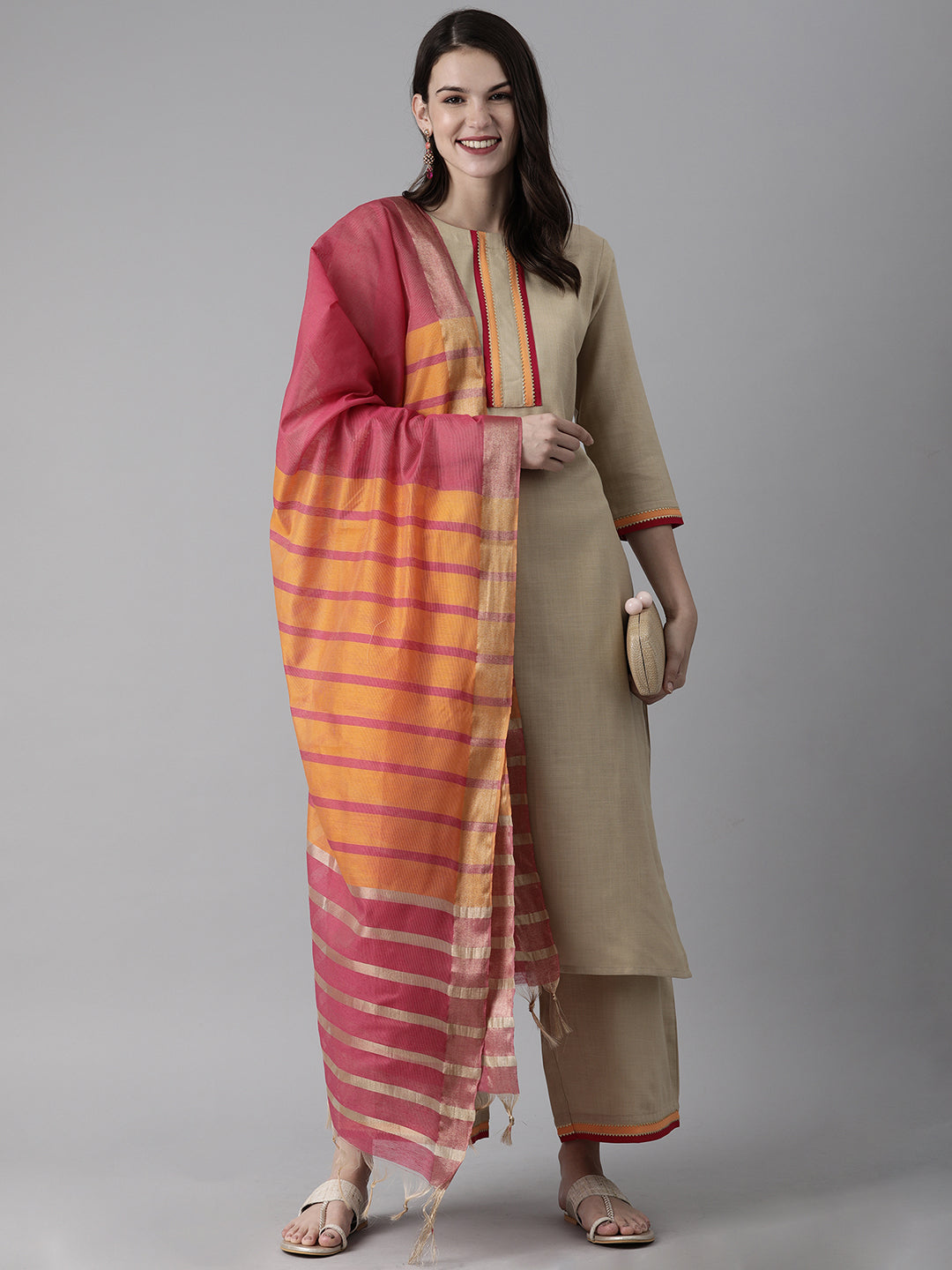 Indo Era Beige Solid Straight Kurta Palazzo With Dupatta Set