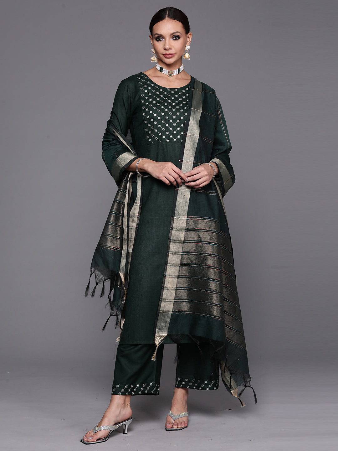 Indo Era Green Embroidered Straight Kurta Palazzo With Dupatta Set