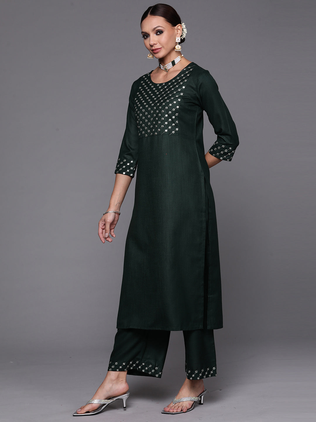 Indo Era Green Embroidered Straight Kurta Palazzo With Dupatta Set
