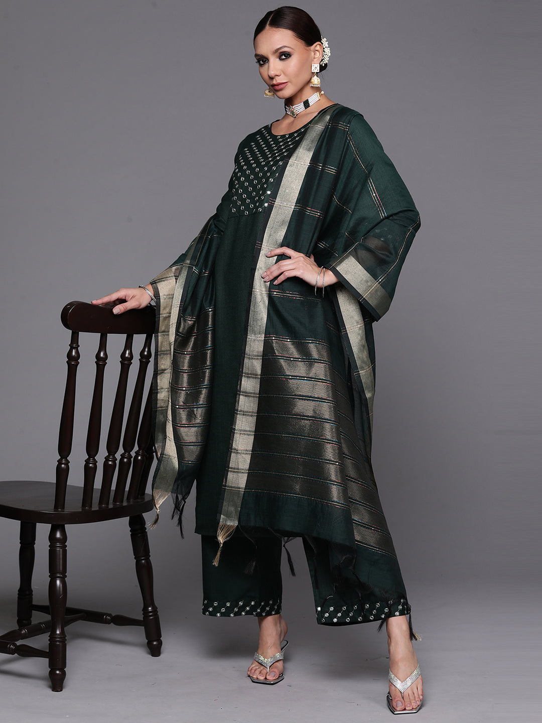 Indo Era Green Embroidered Straight Kurta Palazzo With Dupatta Set