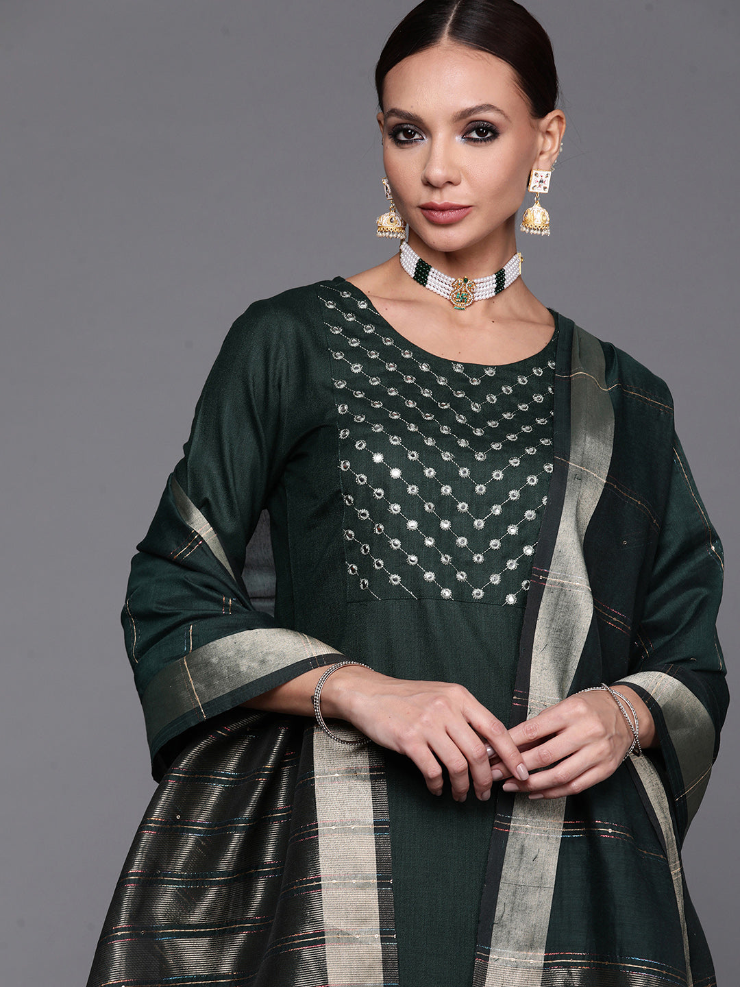 Indo Era Green Embroidered Straight Kurta Palazzo With Dupatta Set