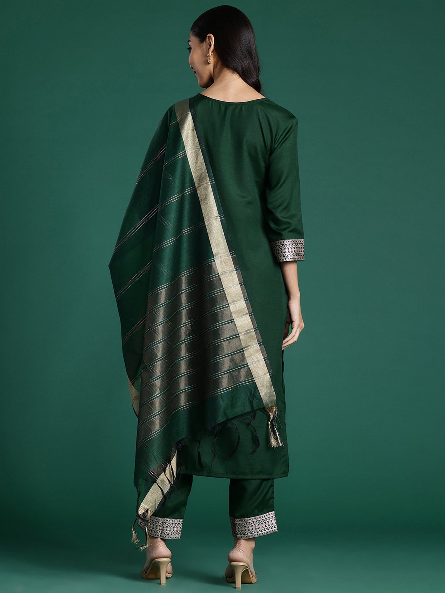 Indo Era Green Yoke Design Straight Kurta Trousers With Dupatta set