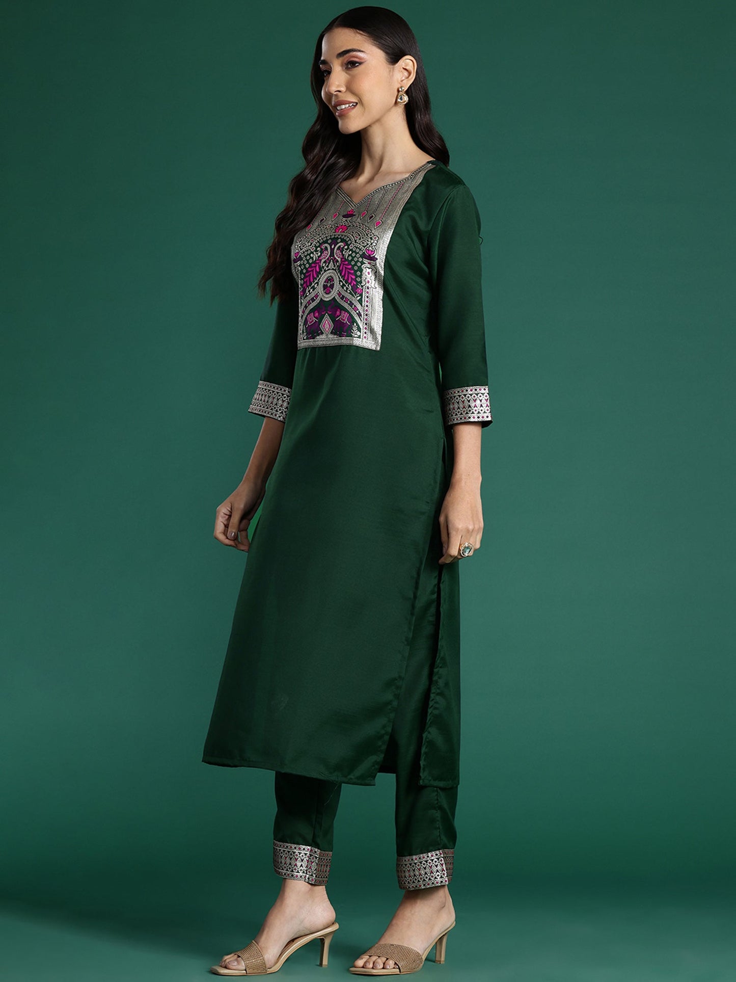 Indo Era Green Yoke Design Straight Kurta Trousers With Dupatta set