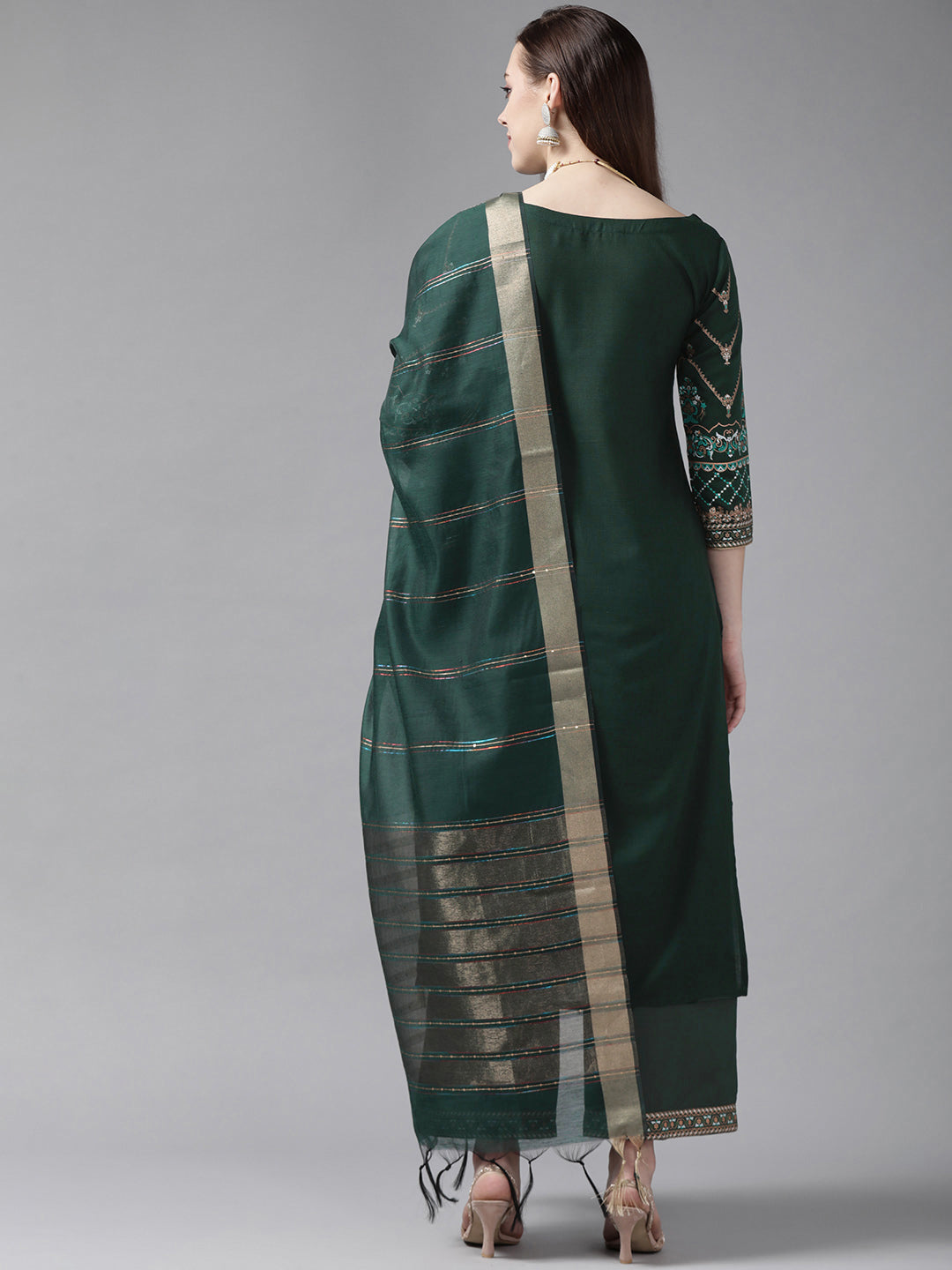 Indo Era Green Foil Printed Straight Kurta Palazzo With Dupatta Set