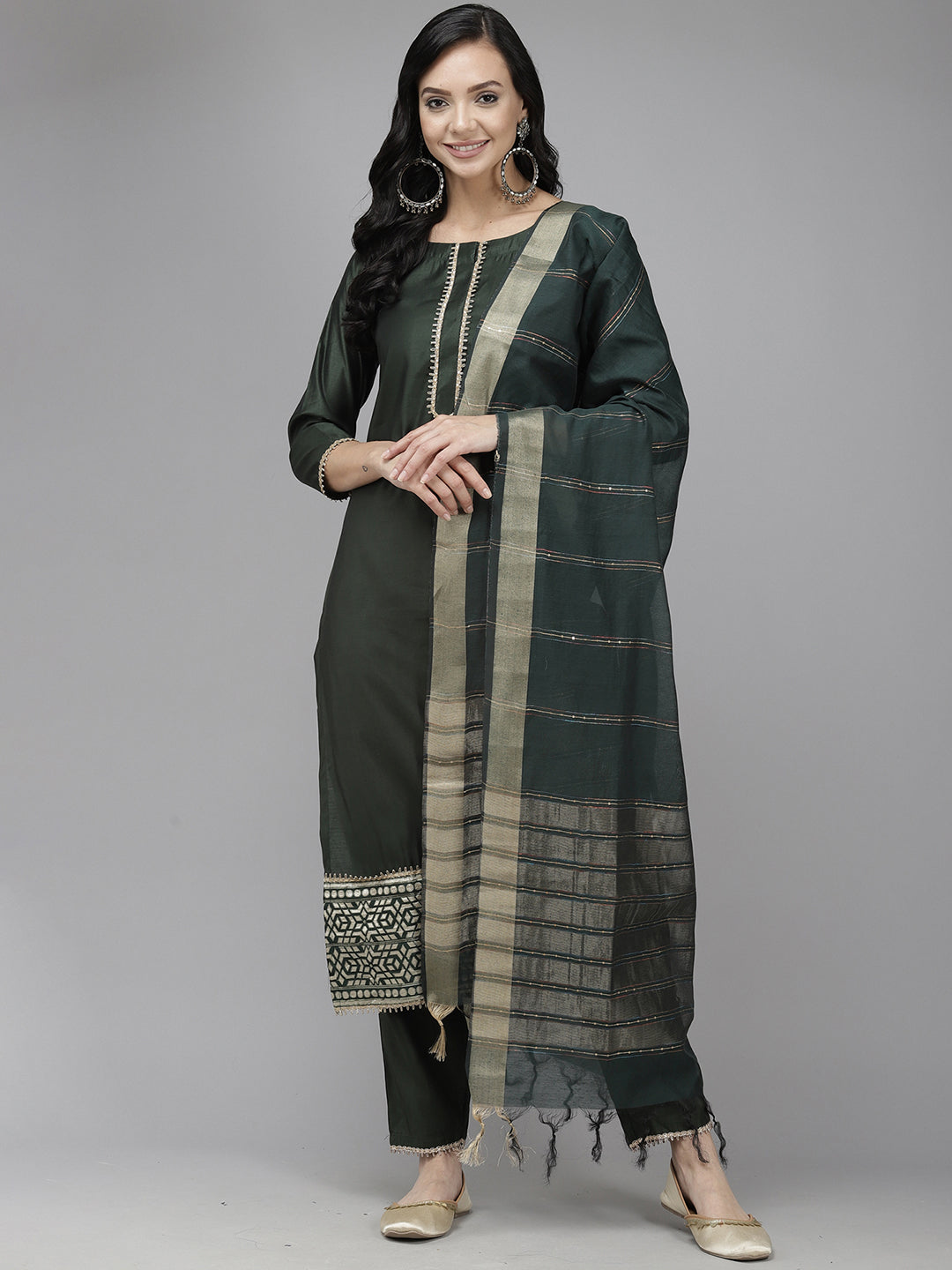 Indo Era Green Solid Straight Kurta Trouser With Dupatta Set