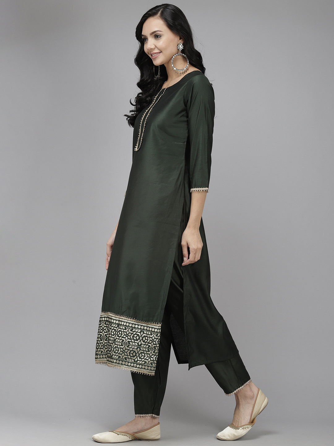 Indo Era Green Solid Straight Kurta Trouser With Dupatta Set