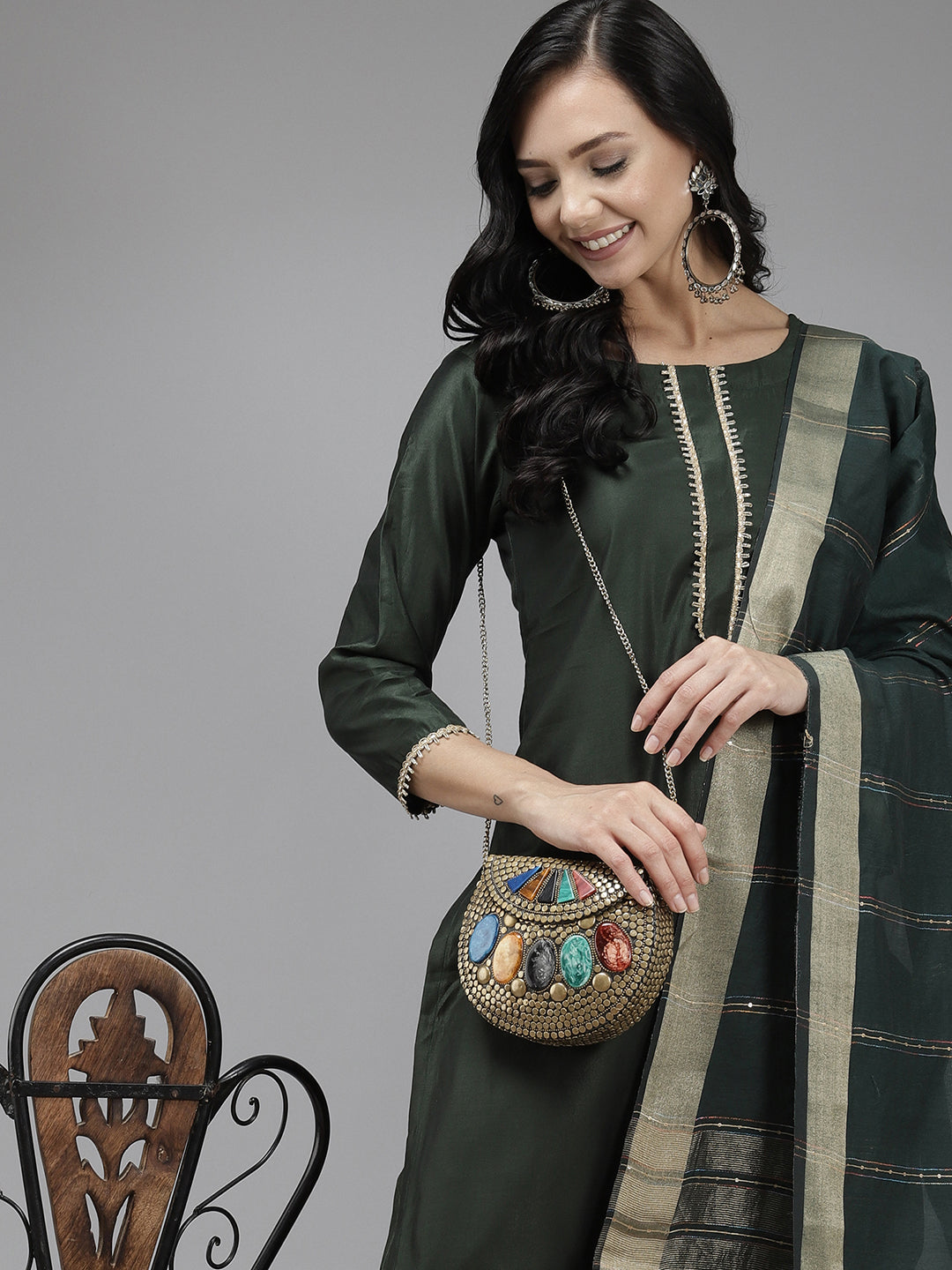 Indo Era Green Solid Straight Kurta Trouser With Dupatta Set