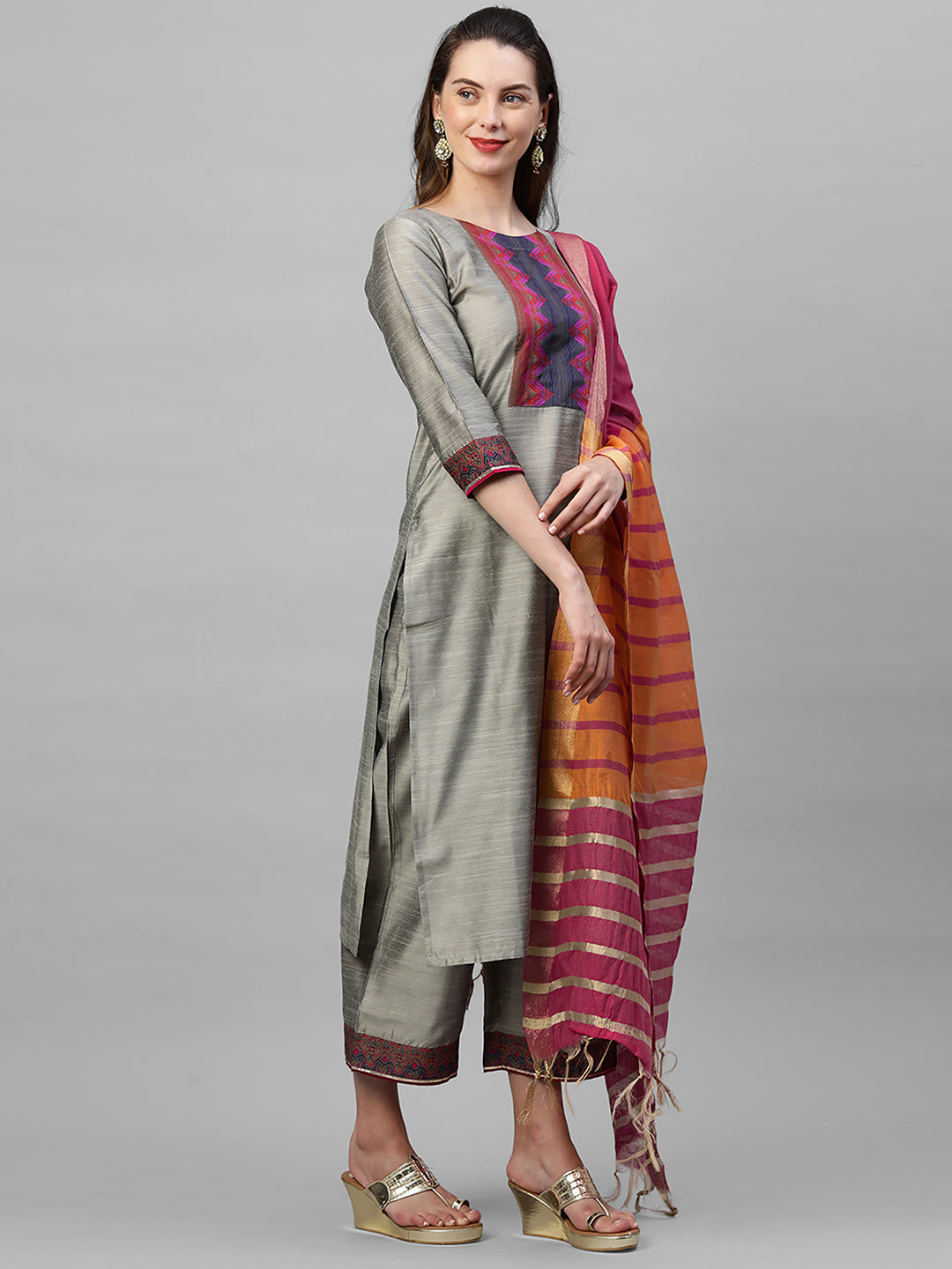 Indo Era Grey Solid Straight Kurta Palazzo With Dupatta Set