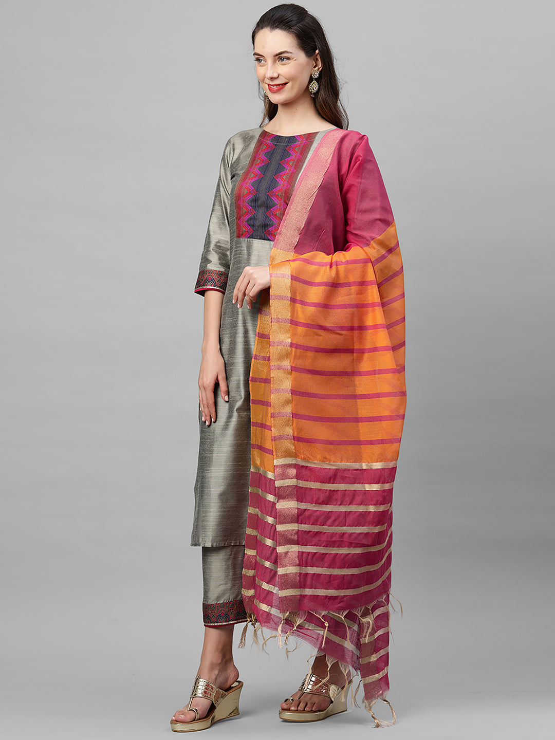 Indo Era Grey Solid Straight Kurta Palazzo With Dupatta Set