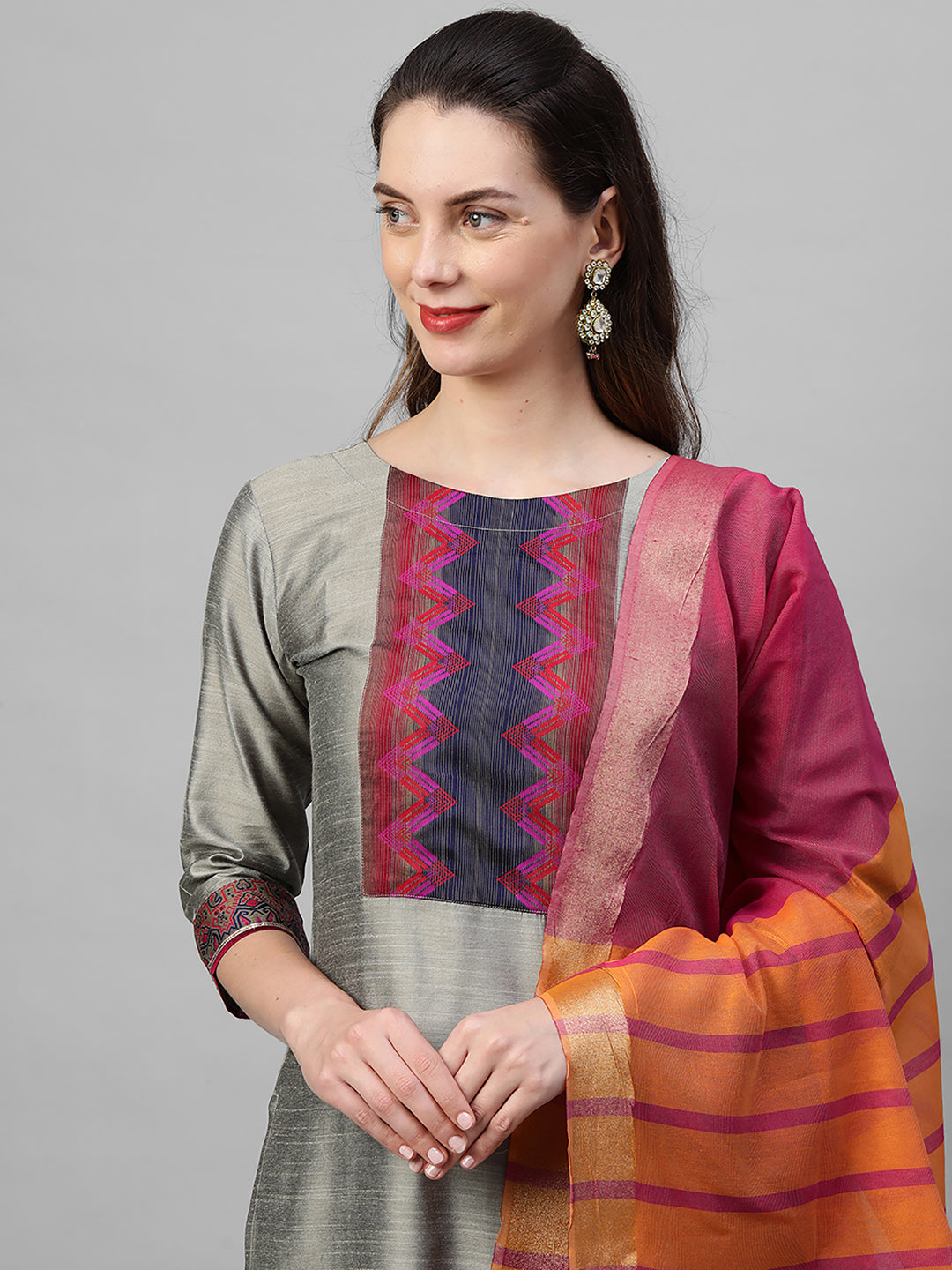 Indo Era Grey Solid Straight Kurta Palazzo With Dupatta Set