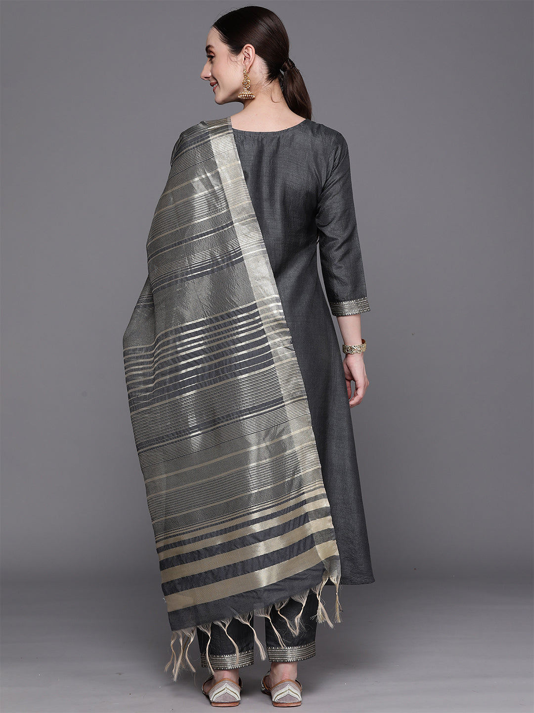 Indo Era Grey Yoke Design A-Line Kurta Trousers With Dupatta Set