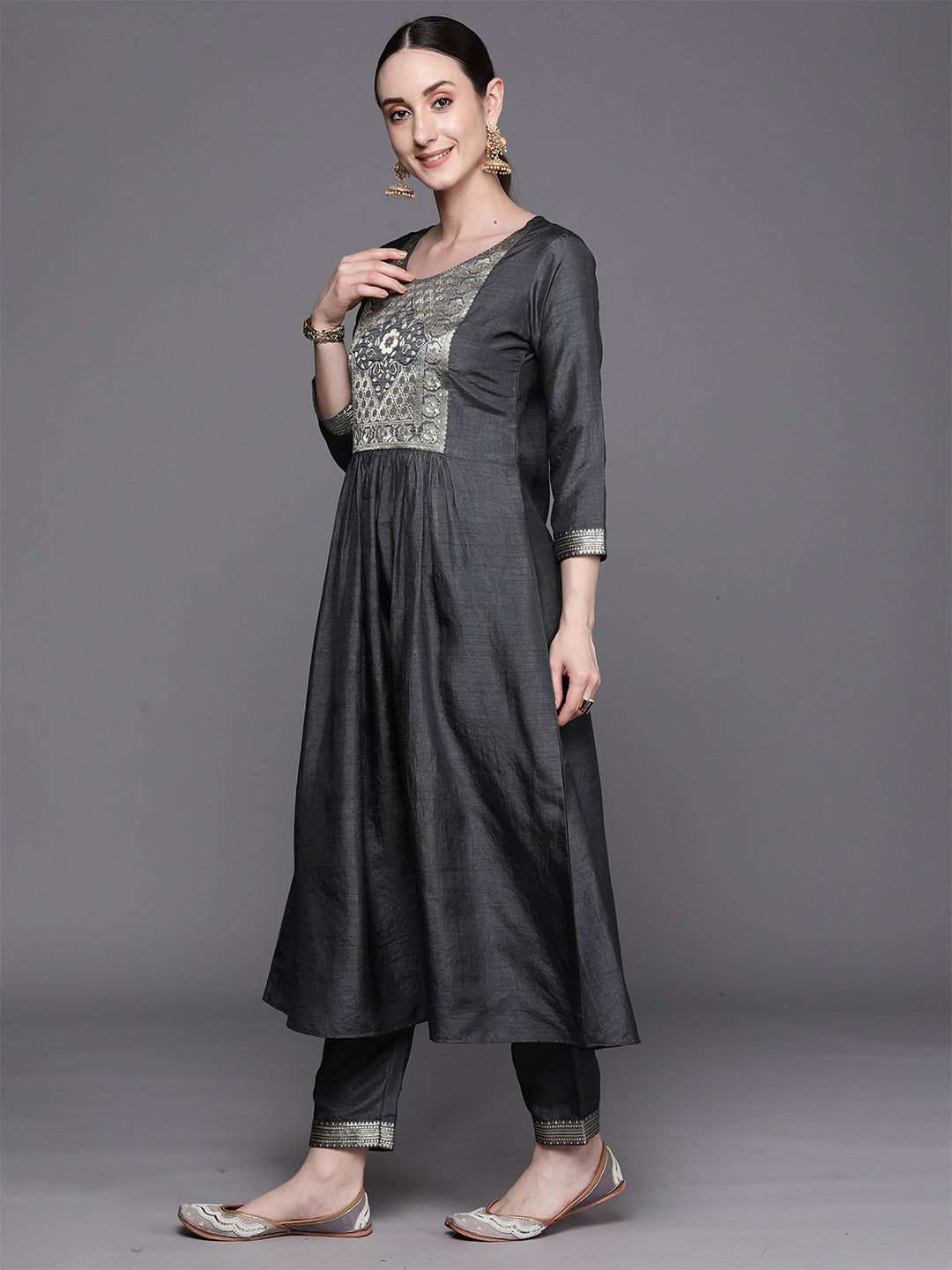 Indo Era Grey Yoke Design A-Line Kurta Trousers With Dupatta Set