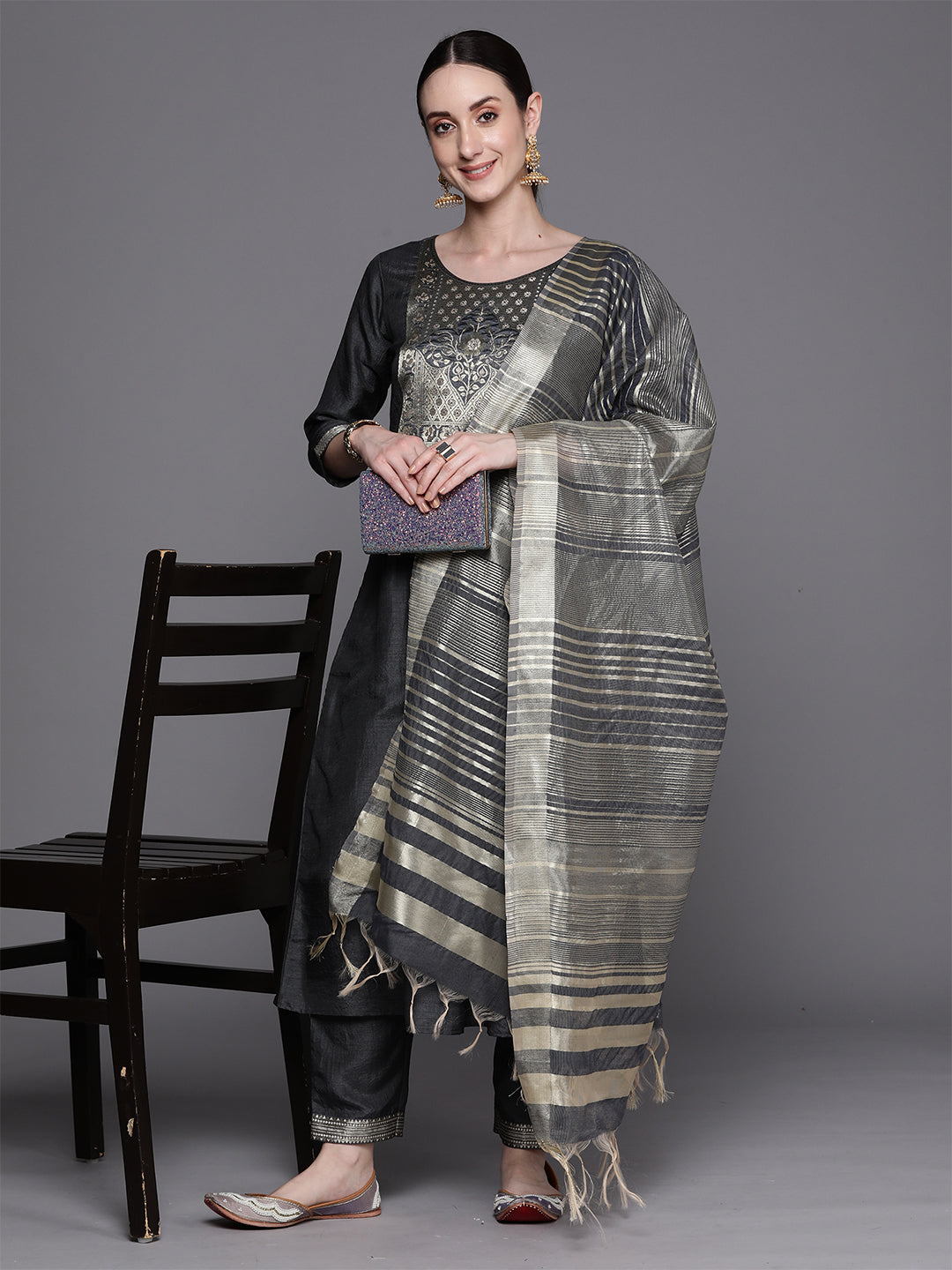Indo Era Grey Yoke Design A-Line Kurta Trousers With Dupatta Set