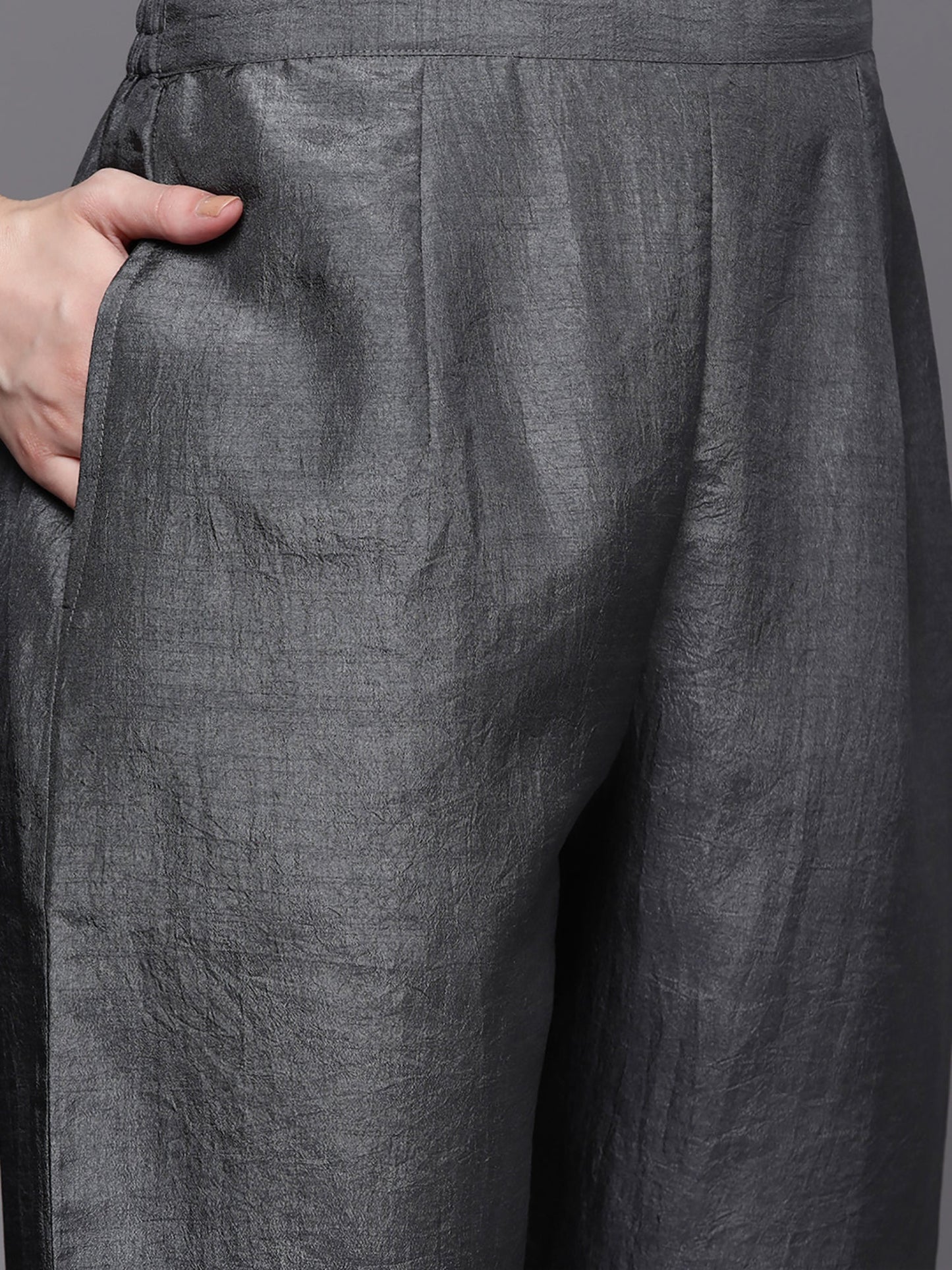 Indo Era Grey Yoke Design A-Line Kurta Trousers With Dupatta Set