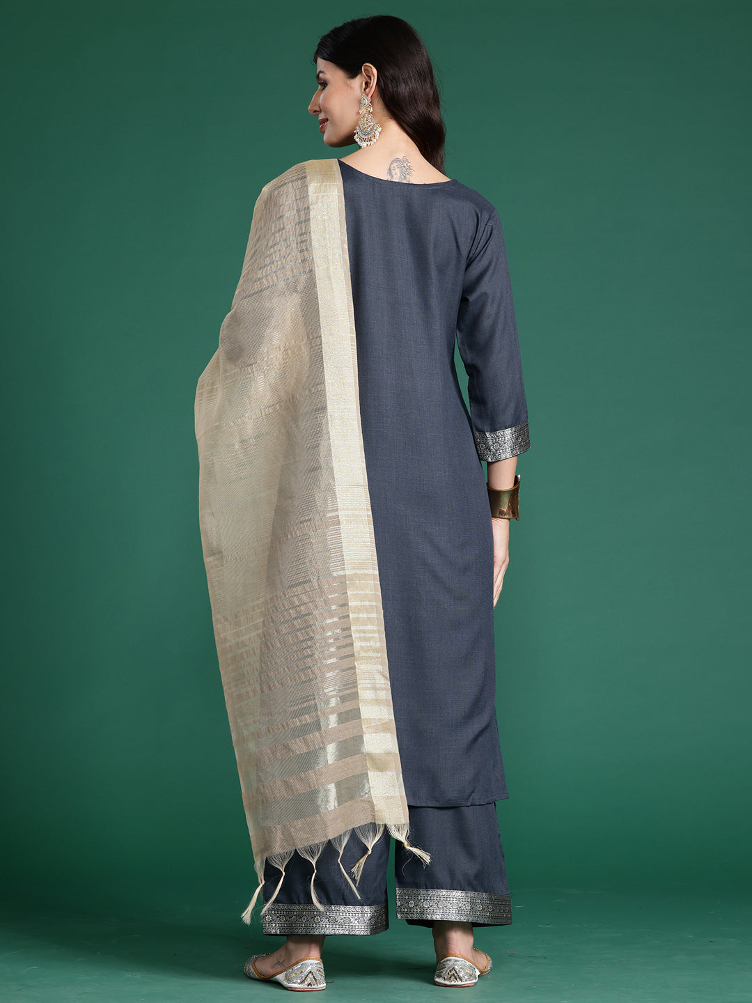 Indo Era Grey Yoke Design Straight Kurta Trousers With Dupatta set