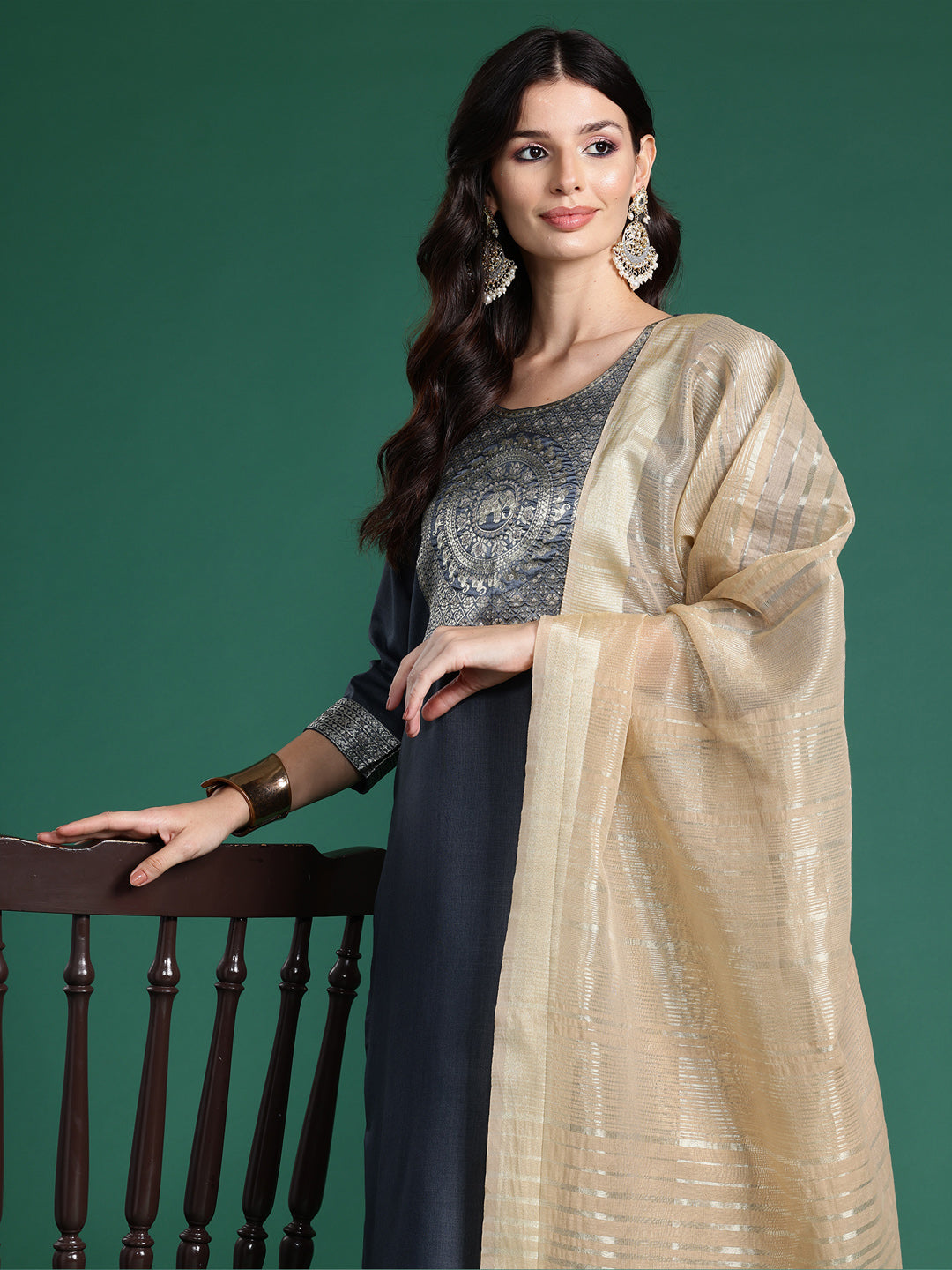 Indo Era Grey Yoke Design Straight Kurta Trousers With Dupatta set