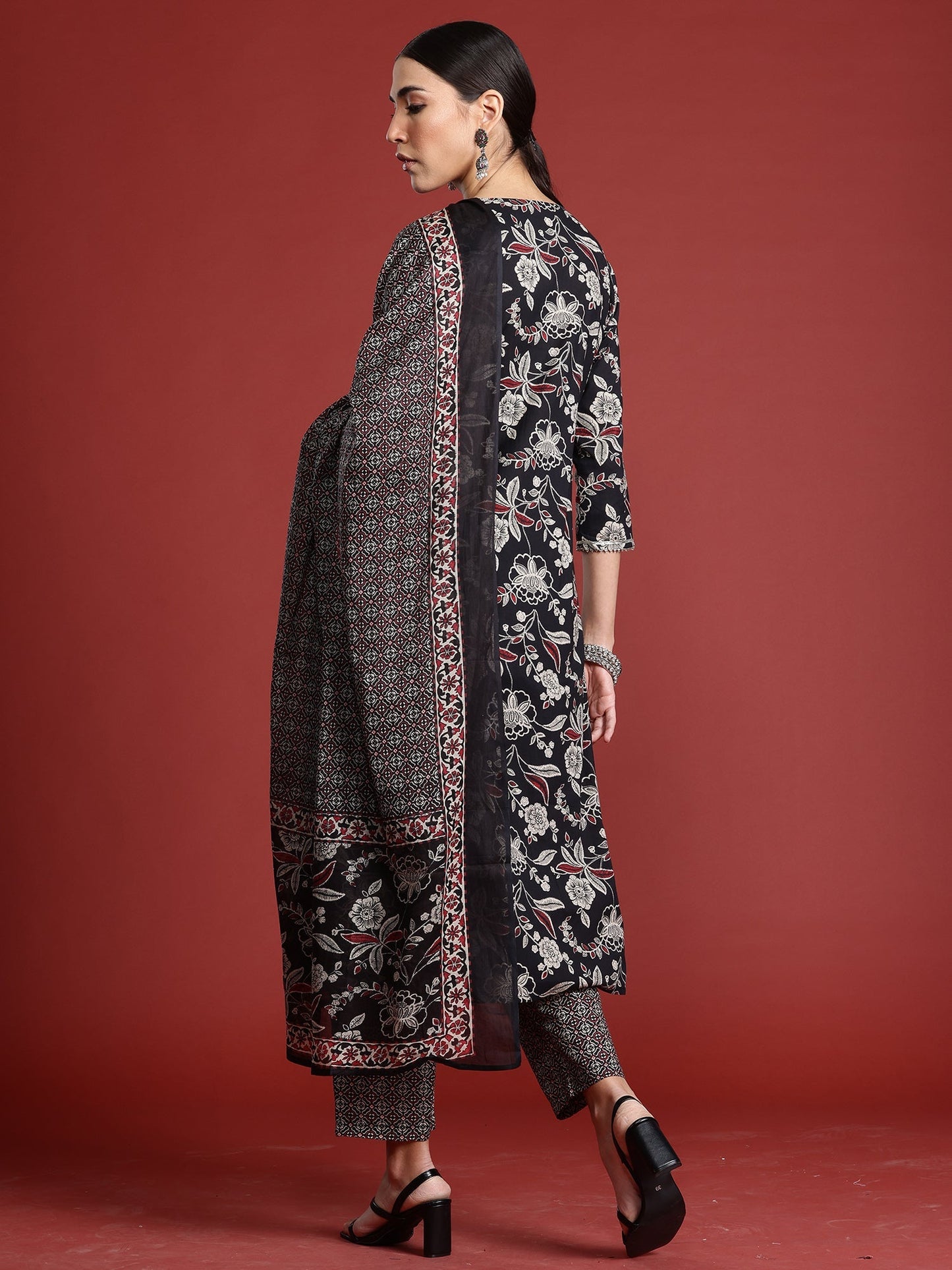 Indo Era Black Printed A-Line Kurta Trousers With Dupatta Set