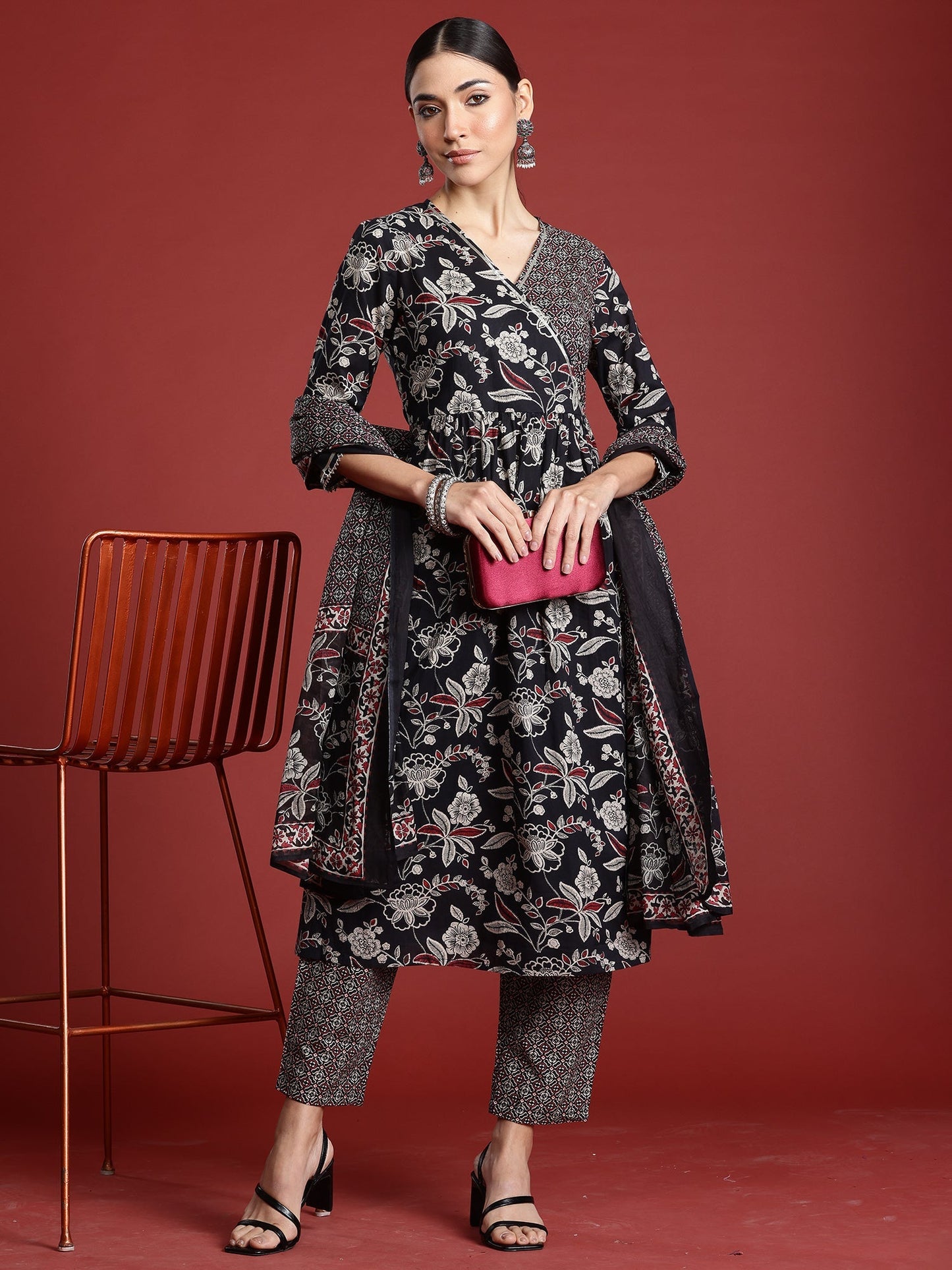 Indo Era Black Printed A-Line Kurta Trousers With Dupatta Set