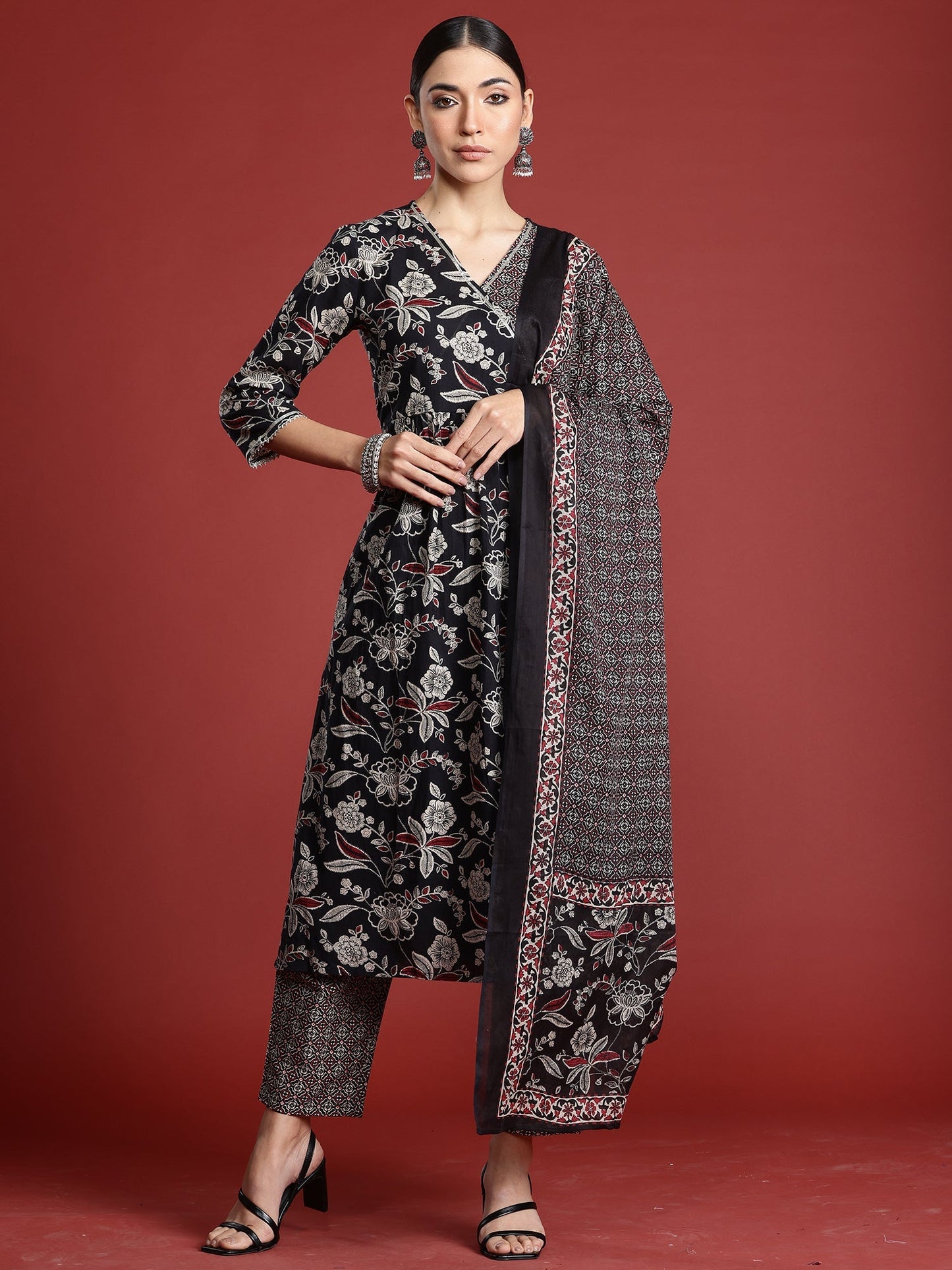 Indo Era Black Printed A-Line Kurta Trousers With Dupatta Set