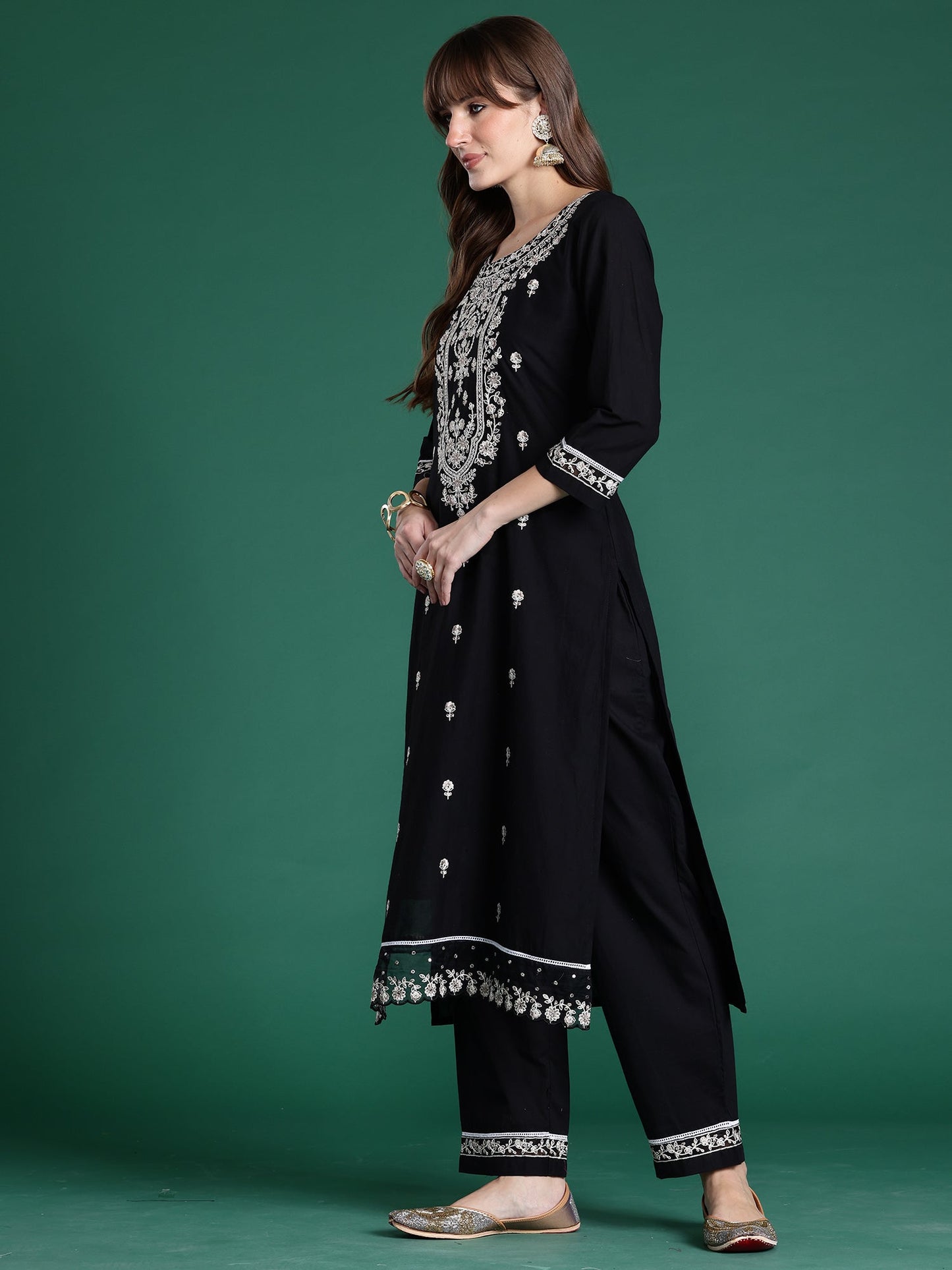 Black Embroidered Straight Kurta Trousers With Dupatta Set