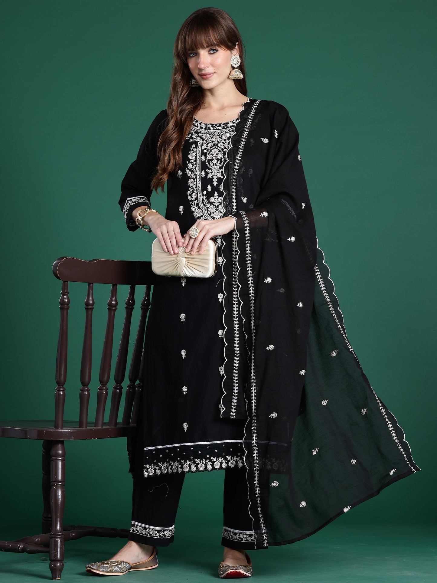 Black Embroidered Straight Kurta Trousers With Dupatta Set