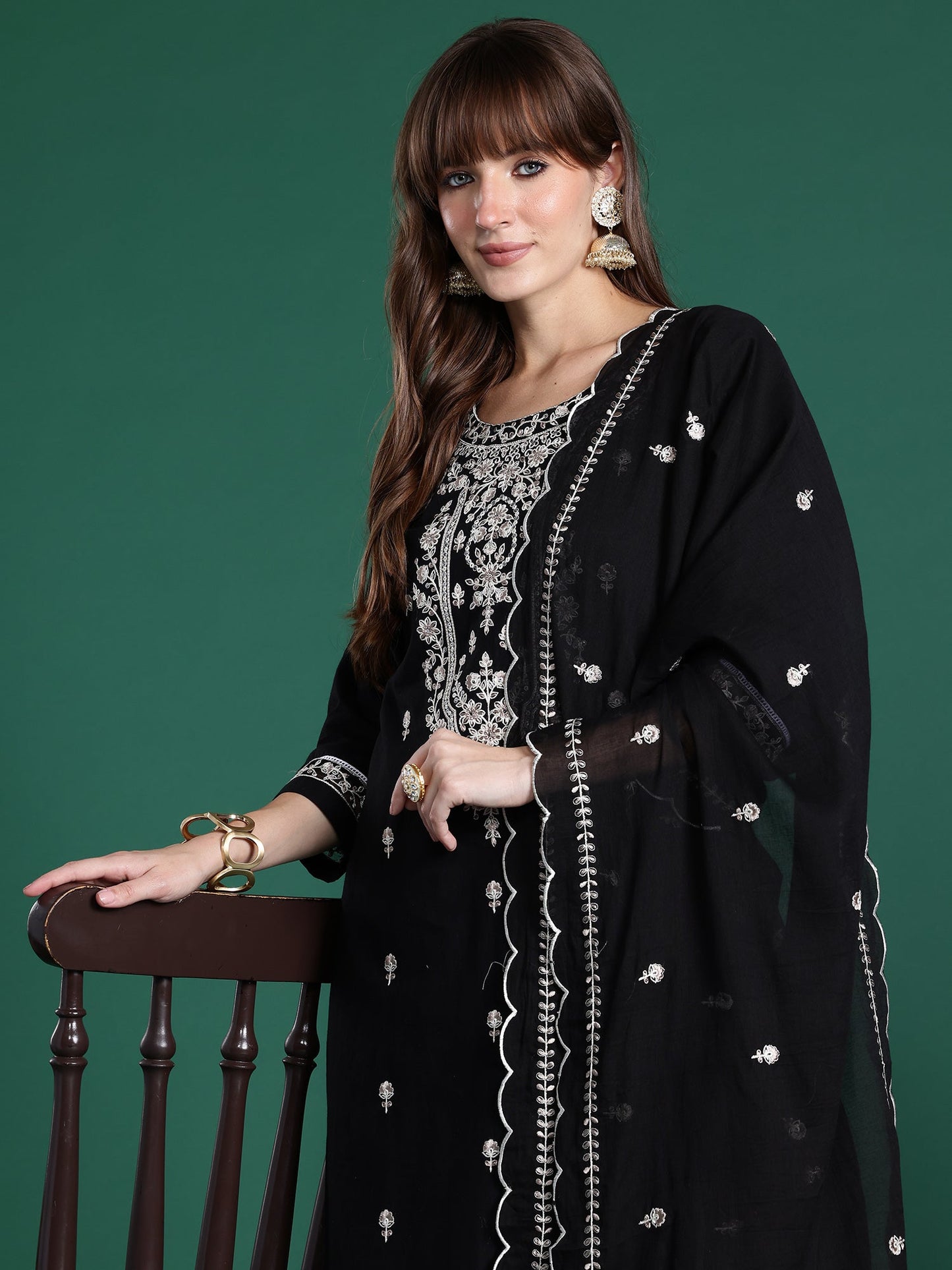 Black Embroidered Straight Kurta Trousers With Dupatta Set