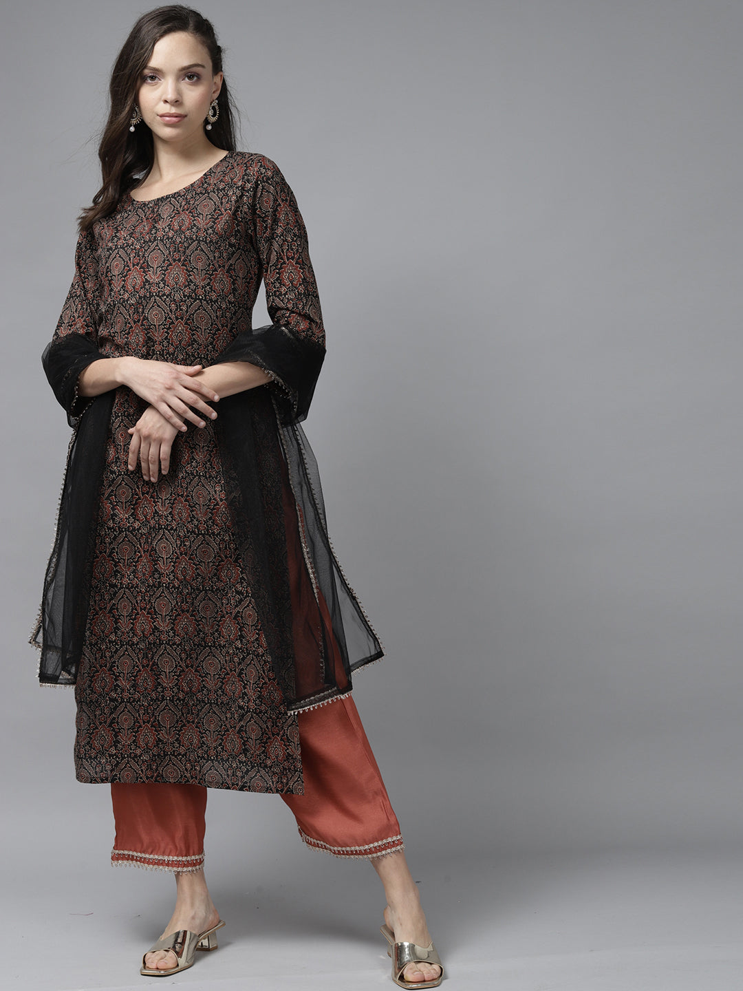 Indo Era Black Printed Straight Kurta Palazzo With Dupatta Set