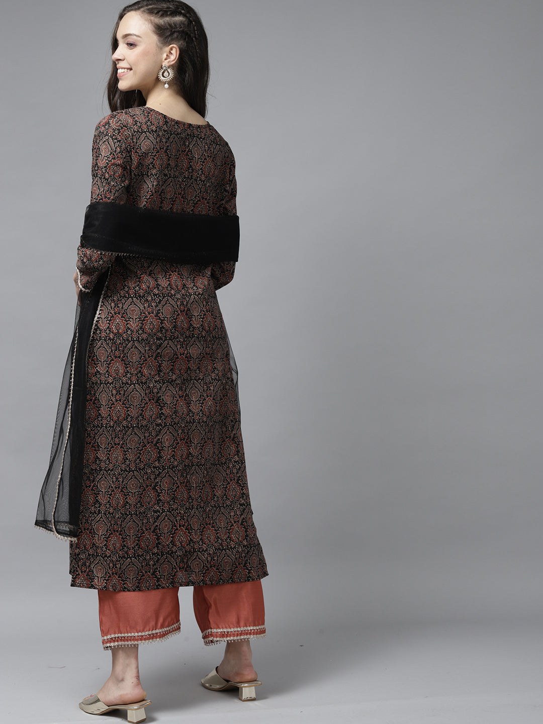 Indo Era Black Printed Straight Kurta Palazzo With Dupatta Set
