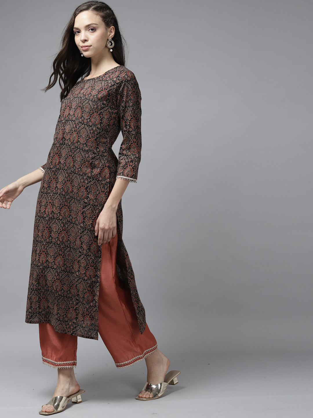 Indo Era Black Printed Straight Kurta Palazzo With Dupatta Set