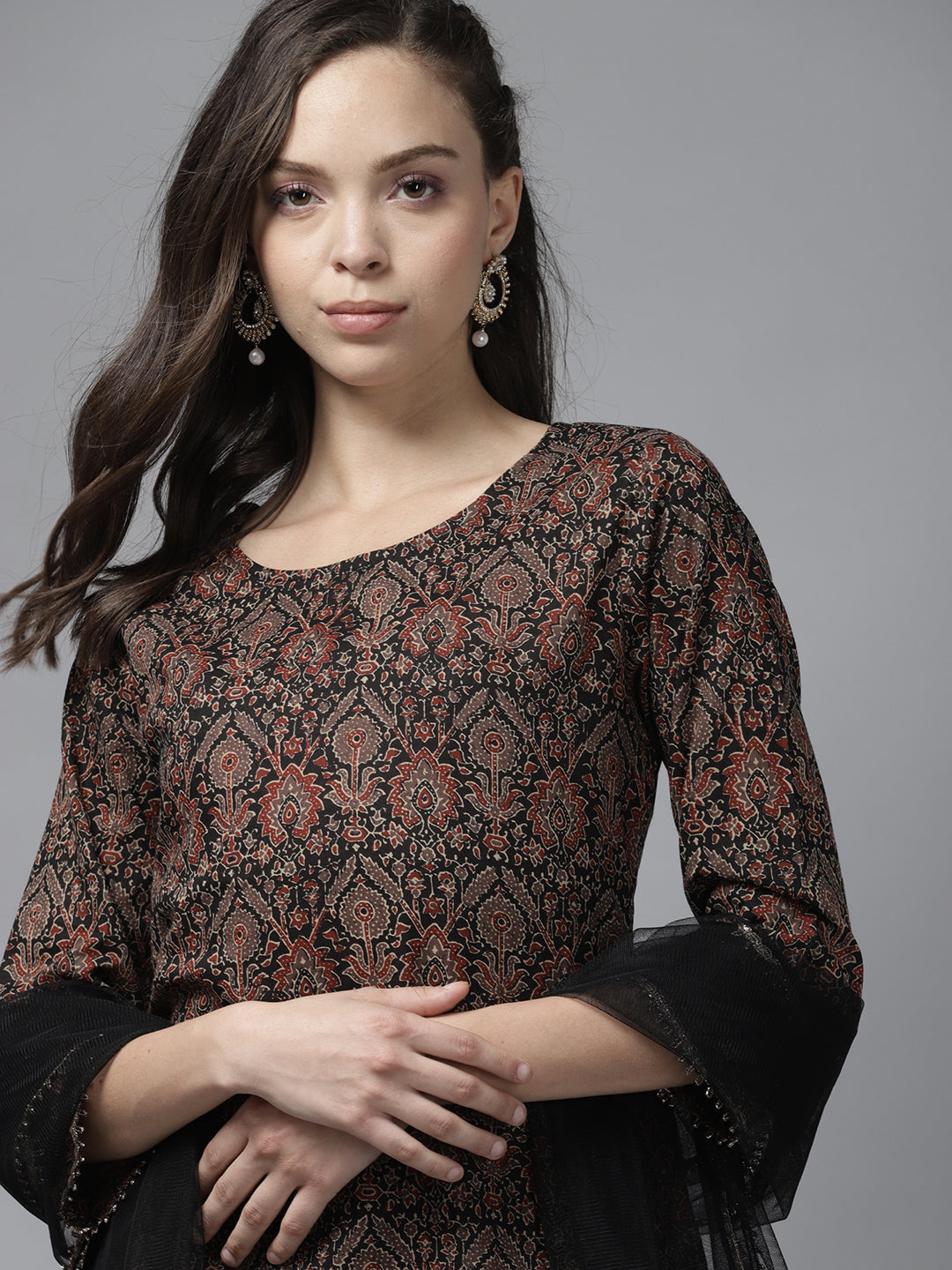 Indo Era Black Printed Straight Kurta Palazzo With Dupatta Set