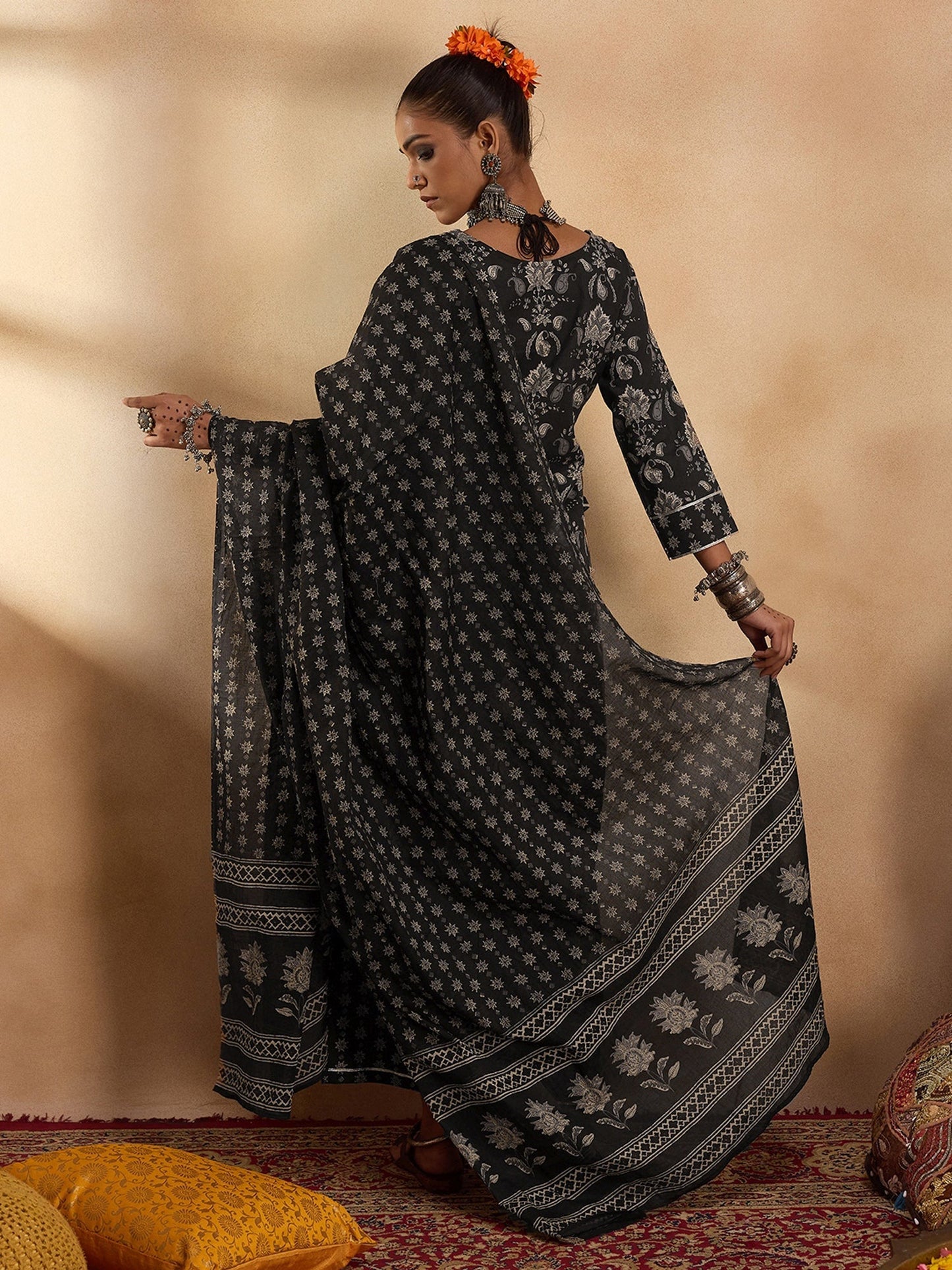 Indo Era Black Printed Straight Kurta Palazzos With Dupatta set