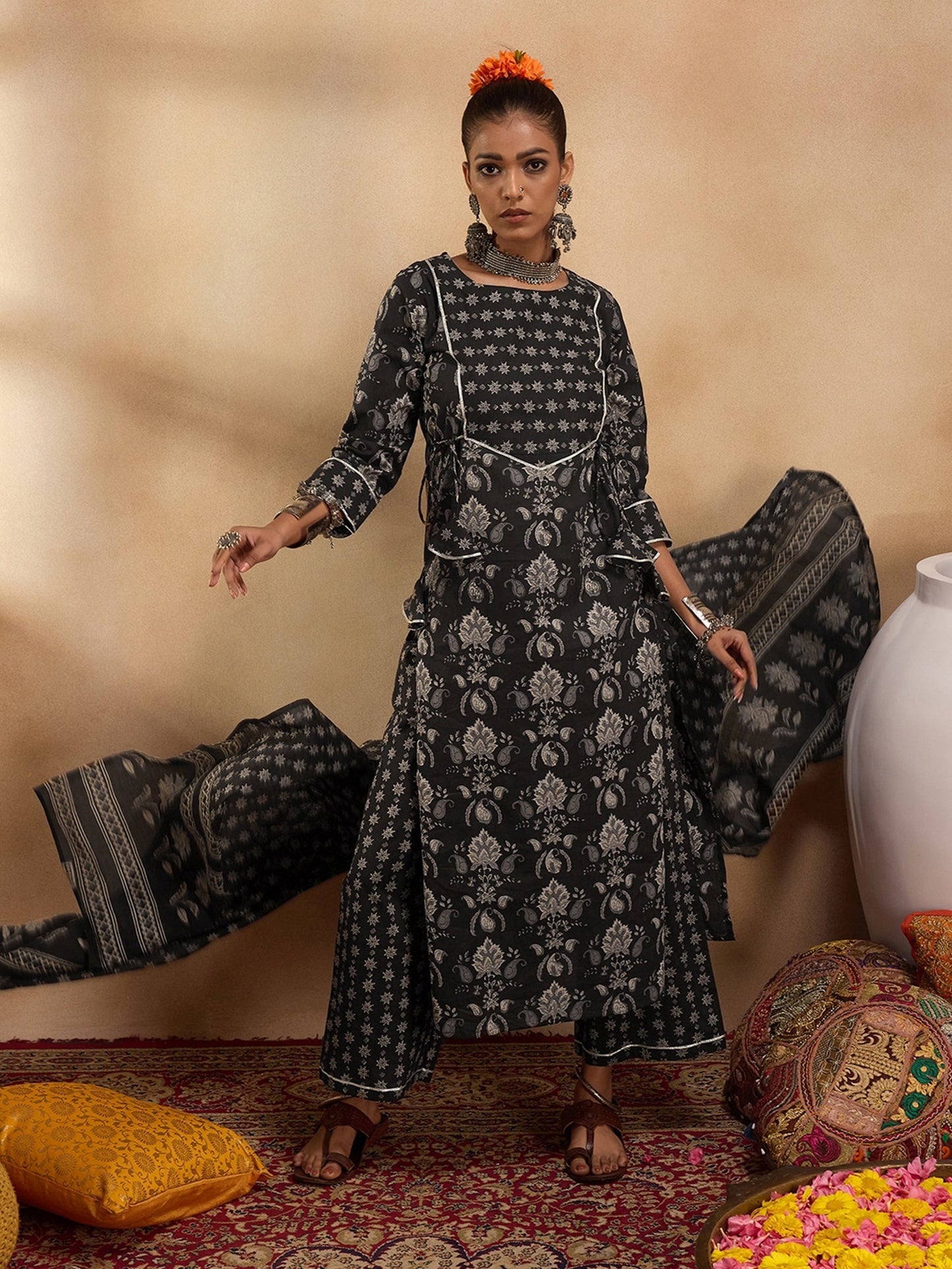 Indo Era Black Printed Straight Kurta Palazzos With Dupatta set
