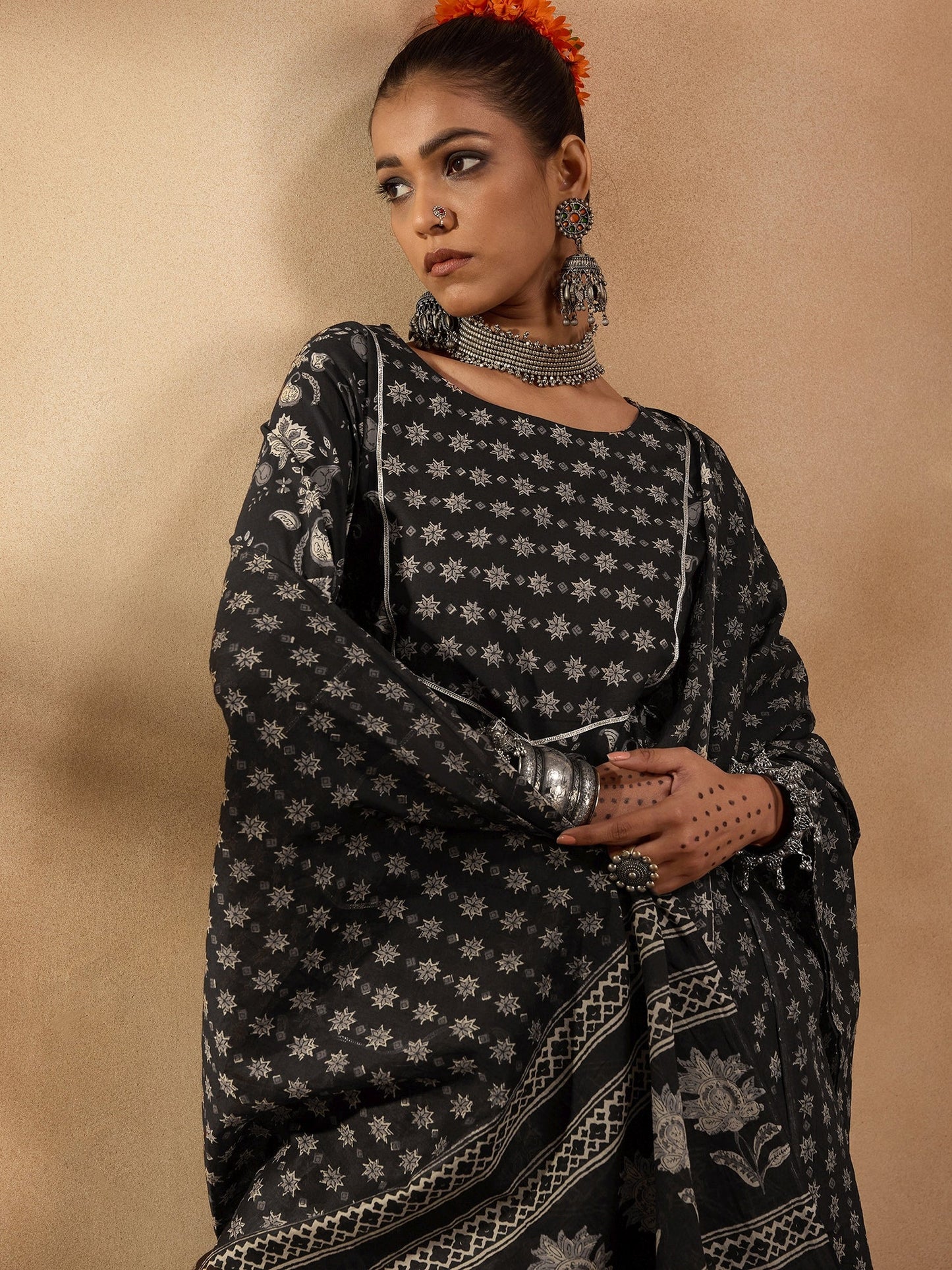 Indo Era Black Printed Straight Kurta Palazzos With Dupatta set
