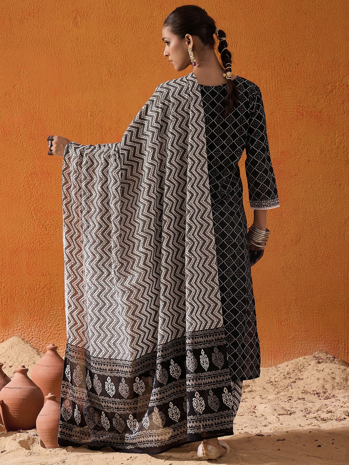 Indo Era Black Printed Straight Kurta Salwar With Dupatta set