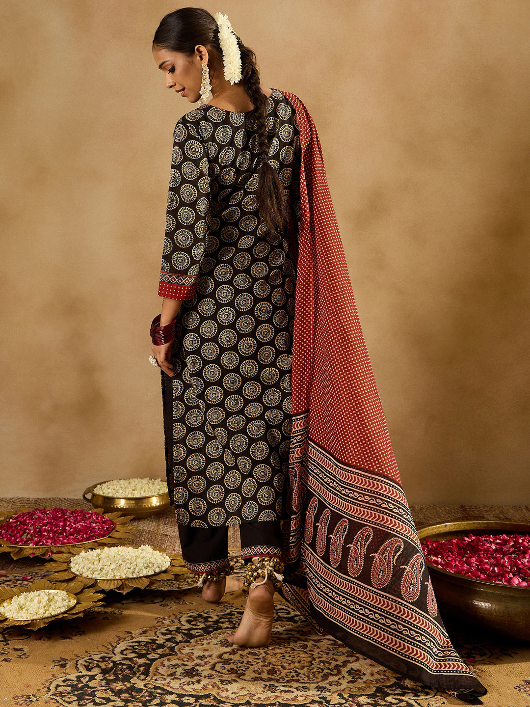 Indo Era Black Printed Straight Kurta Trousers With Dupatta set